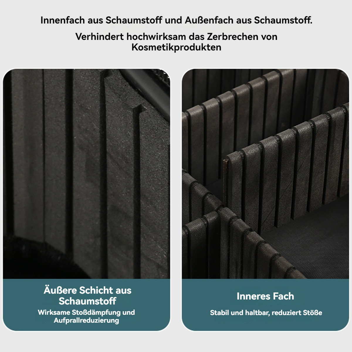 Das Bild zeigt das Innere und Äußere eines schwarzen Kosmetikkoffers, wobei die Stoßdämpfung hervorgehoben wird. Text weist auf Bruchvermeidung hin.