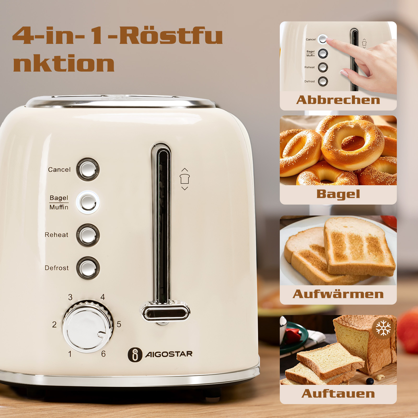 Ein cremefarbener Toaster mit Tasten für Abbrechen, Bagel, Aufwärmen und Auftauen. Bilder zeigen Bagels, Toast und gefrorenes Brot.