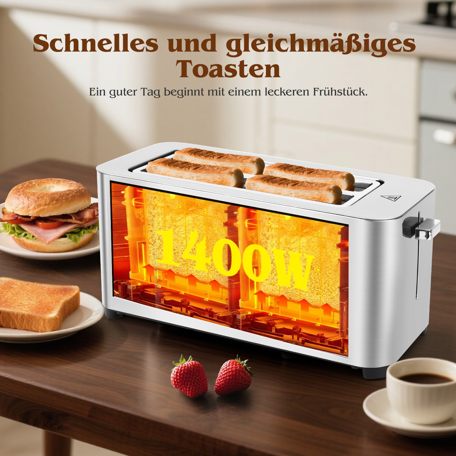 Ein Toaster mit Toastbrot, einem Bagel, Erdbeeren und Kaffee steht auf einem Holztisch. Der Toaster zeigt 1400W.