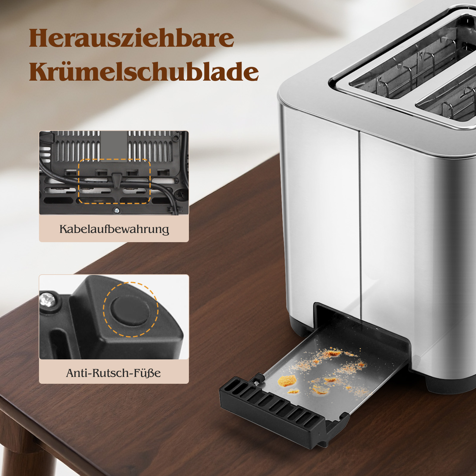 Ein Toaster aus Edelstahl mit Krümelschublade. Details zeigen Kabelaufbewahrung und Anti-Rutsch-Füße.