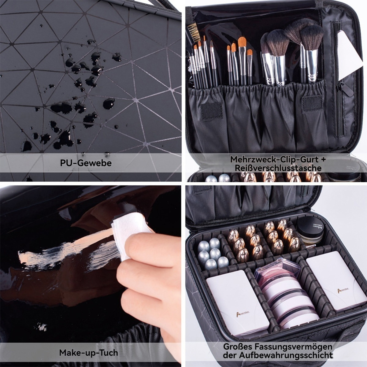 Ein schwarzer Kosmetikkoffer mit verschiedenen Fächern. Er enthält Pinsel, Make-up-Produkte und eine Hand, die eine Oberfläche mit einem Tuch reinigt.