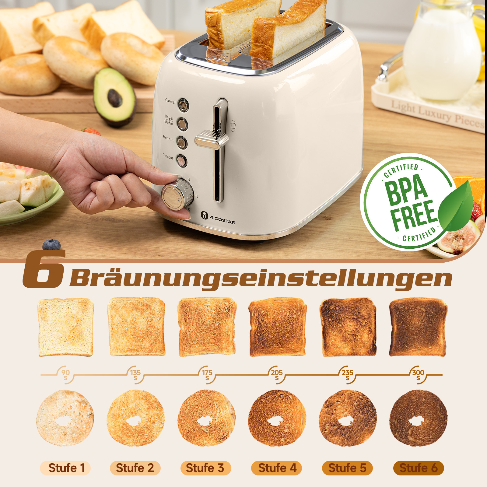 Ein cremefarbener Toaster mit Toast darin. Eine Hand stellt einen Drehregler mit Bräunungsstufen ein. Verschiedene Lebensmittel umgeben ihn.