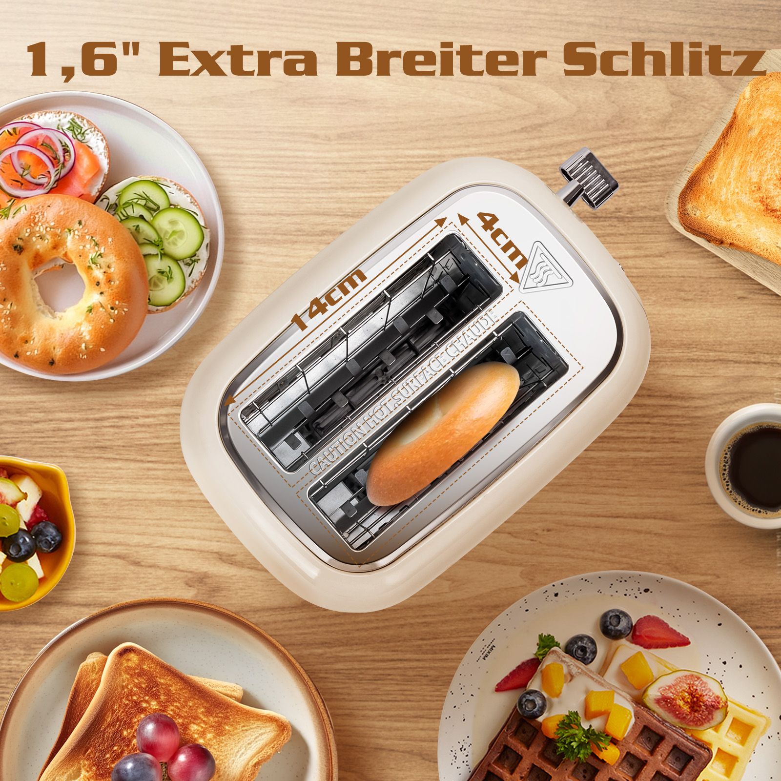 Toaster mit einem Bagel darin. Bagels, Toast, Obst und Kaffee umgeben ihn.