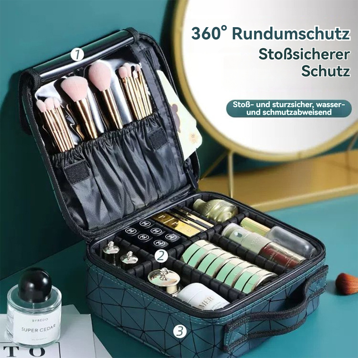 Offene Make-up-Tasche mit Pinseln, Kosmetika und Parfüm. Der Hintergrund umfasst einen Spiegel und Text über den Schutz.