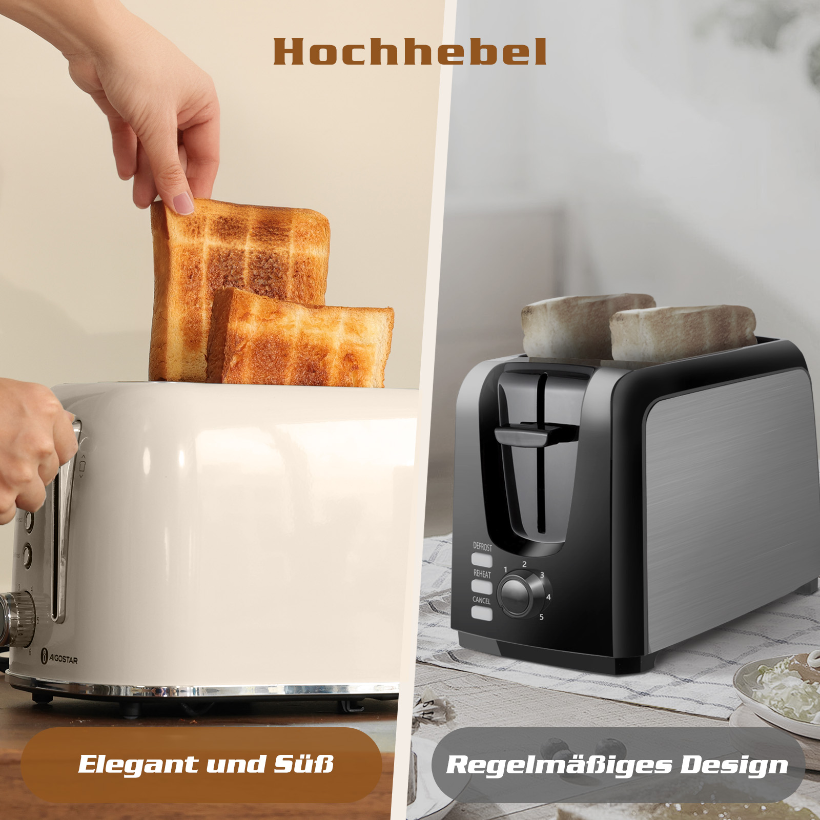 Zwei Toaster, einer weiß mit goldbraunem Brot, das hineingelegt wird, und einer schwarz mit getoastetem Brot. Text: Hochhebel, Elegant und Süß, Regelmäßiges Design.