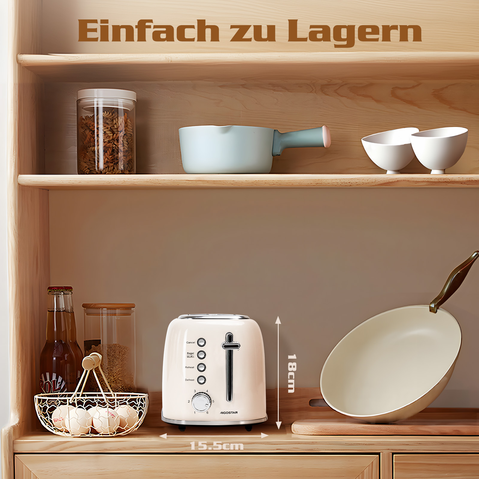 Eine Küchenszene zeigt einen Toaster, eine Bratpfanne, Schalen und Lebensmittel auf Holzregalen. Maße sind angegeben.