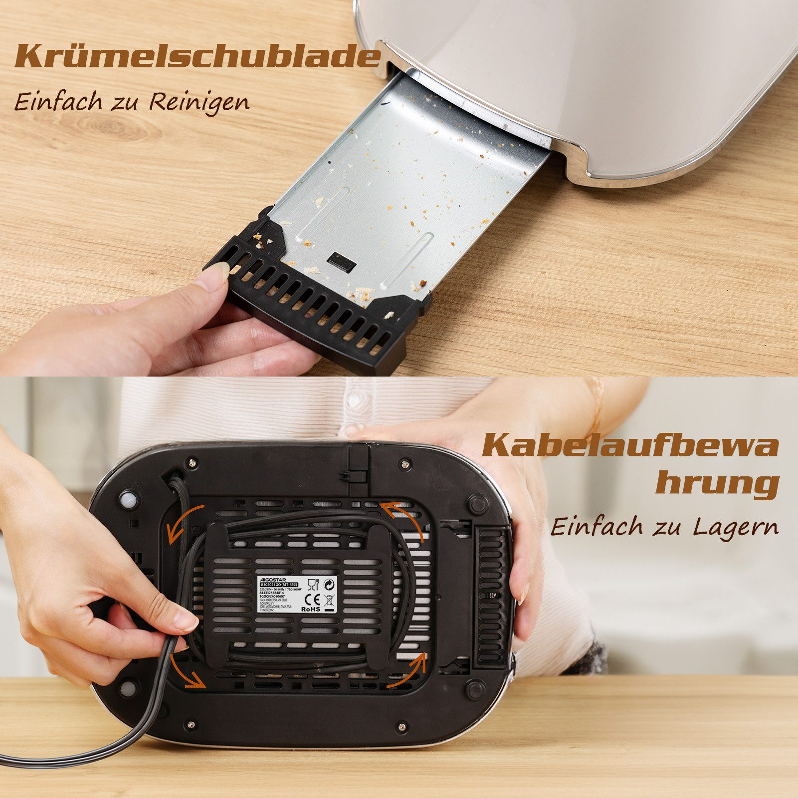 Herausnehmen der Krümelschublade eines Toasters. Der Boden zeigt die Kordelaufbewahrung. Das Fach ist schmutzig.