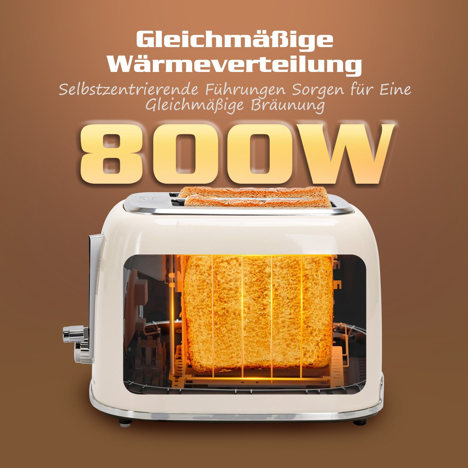 Ein Toaster mit Brotscheiben darin. Der Text oben lautet '800W'. Der Hintergrund ist braun.