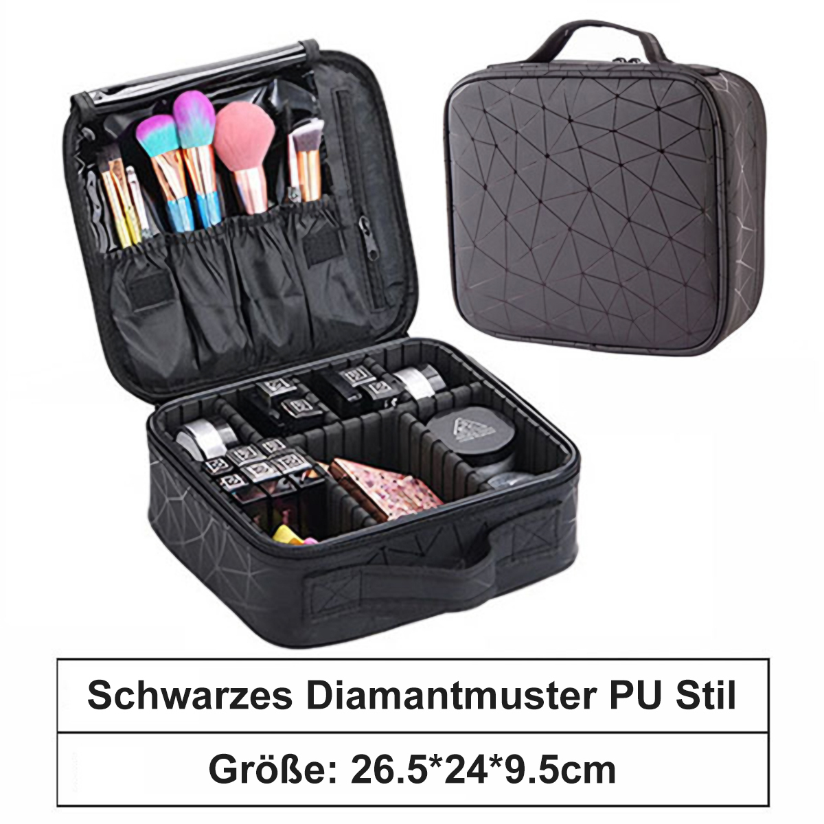 Schwarzer Kosmetikkoffer mit Rautenmuster, geöffnet und geschlossen. Geöffneter Koffer zeigt Pinsel und Kosmetika.