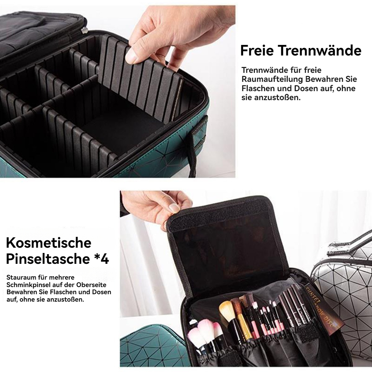 Ein Make-up-Etui mit Fächern, die von Hand verstellt werden können. Das Etui ist teal mit einem geometrischen Muster. Makeup-Pinsel sind zu sehen.
