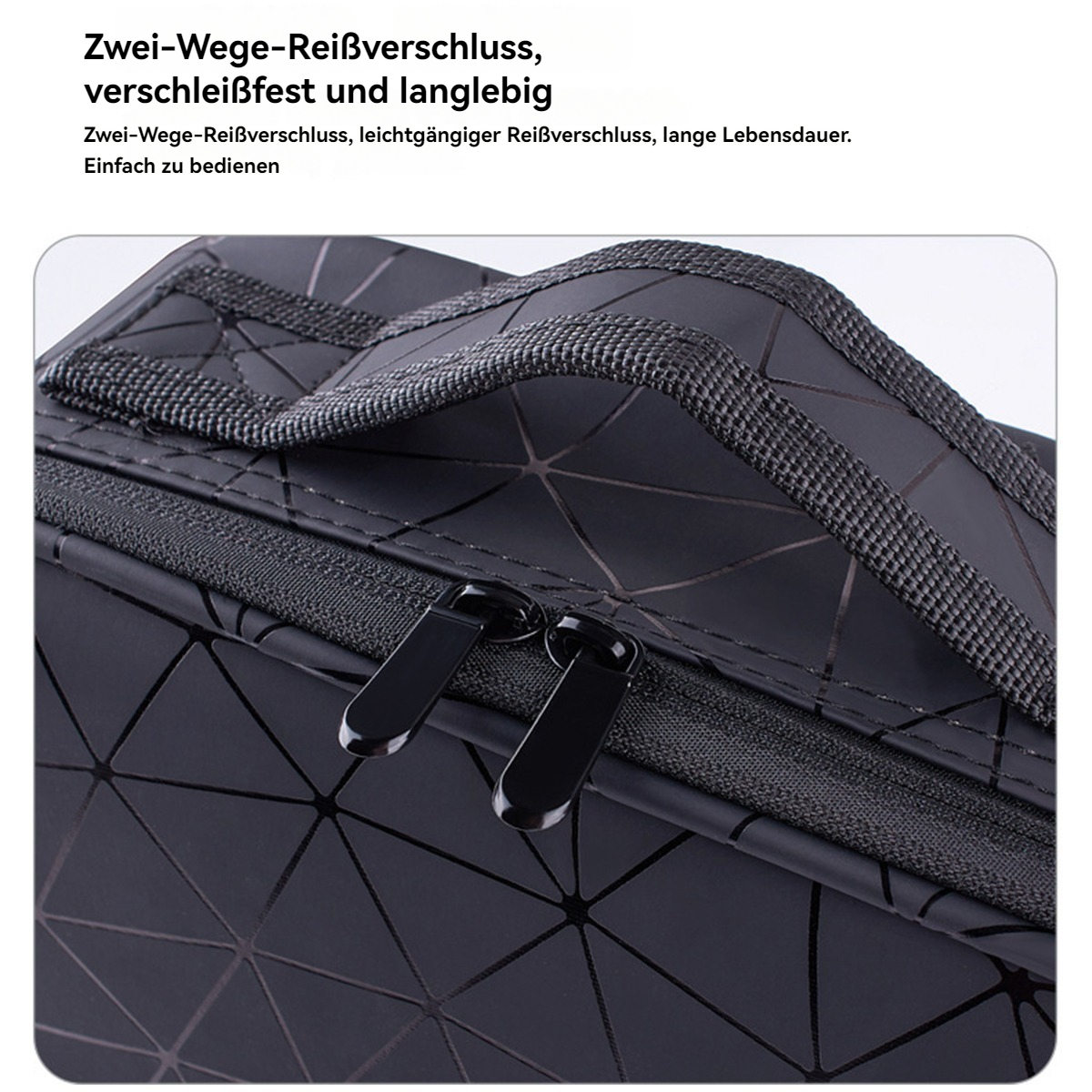 Nahaufnahme einer schwarzen Tasche mit geometrischem Muster. Sie hat einen Reißverschluss mit zwei Zügen und einen Stoffgriff. Die Tasche wirkt haltbar.