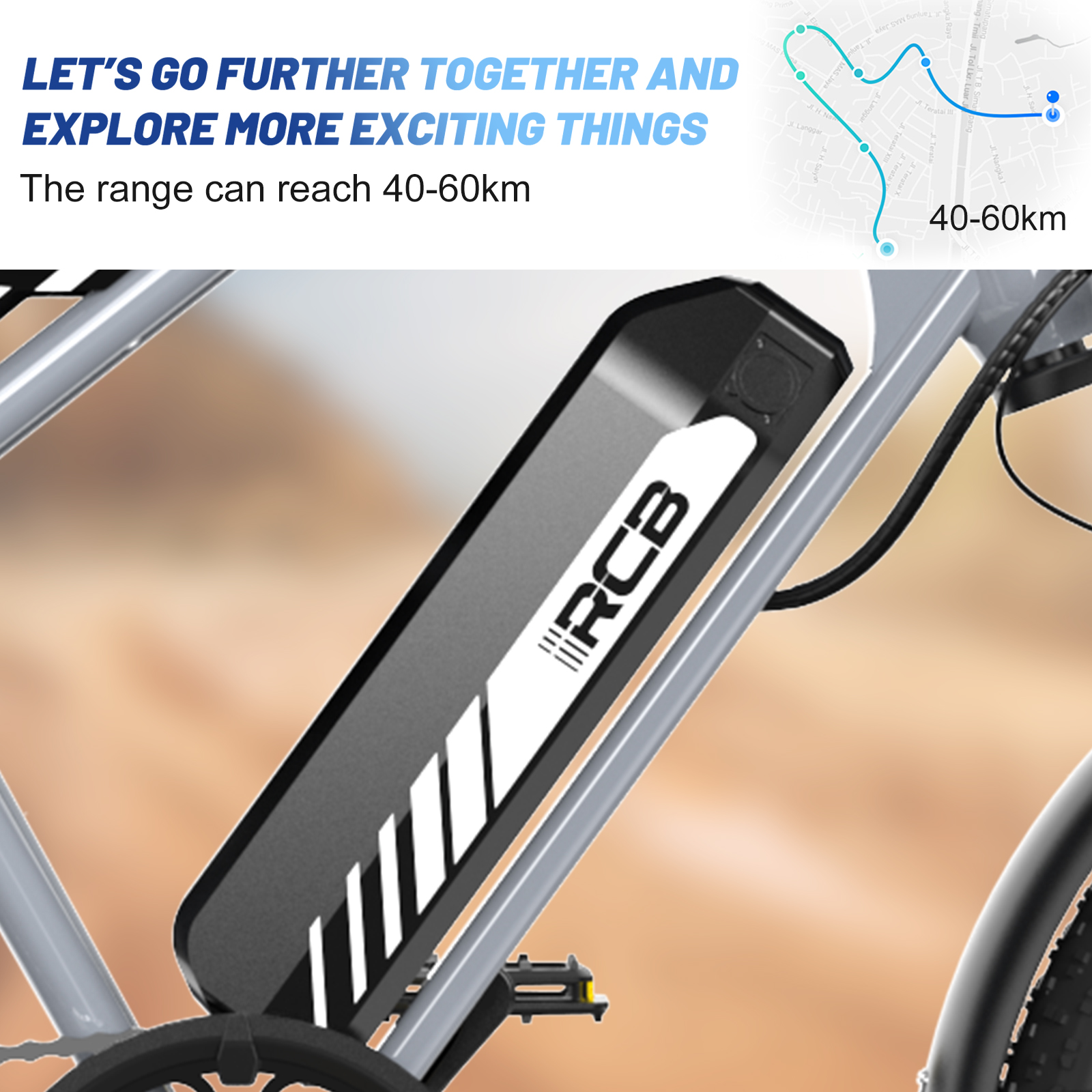 Een elektrische fiets met een zwarte batterij met RCB-logo en een kaart met een bereik van 40-60 km.