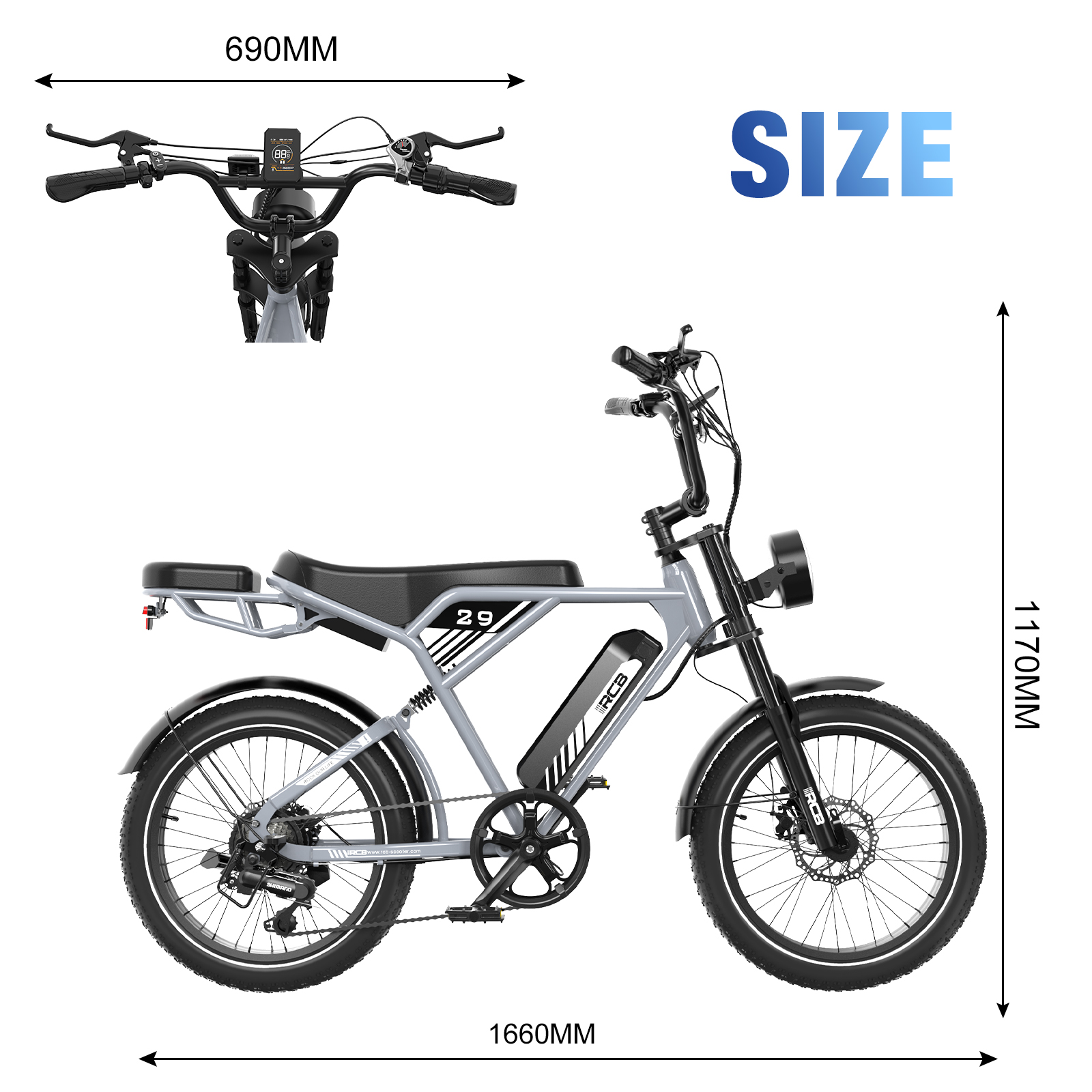 Een e-bike wordt weergegeven, met afmetingen. Het is grijs, met zwarte banden, zadel en stuur. De maat in mm wordt aangegeven.