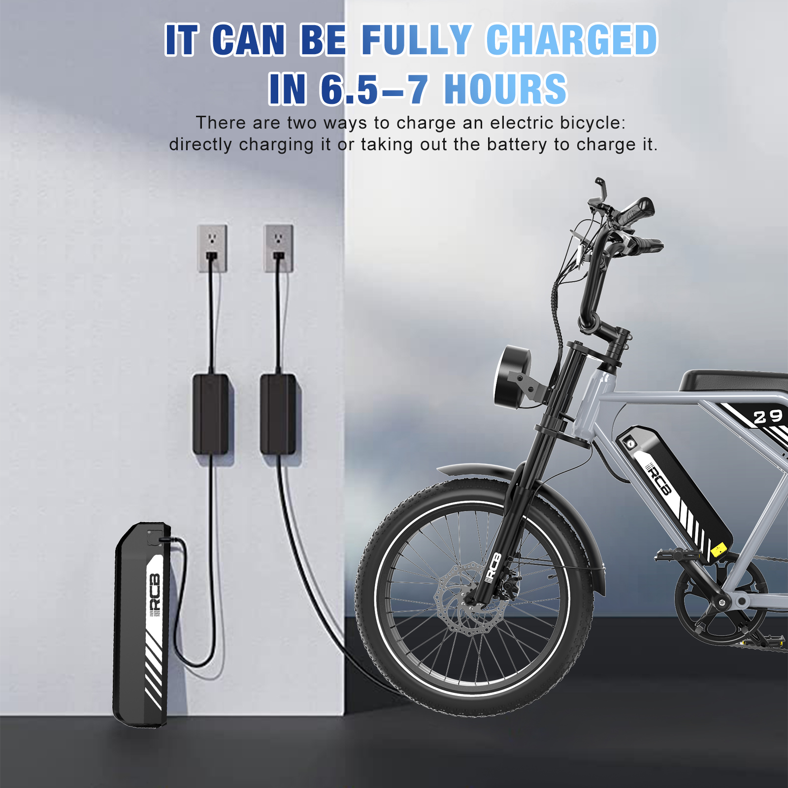 Elektrische fiets opladen. Een fiets wordt getoond met oplaadopties: direct opladen of de batterij verwijderen. Opladen duurt 6,5-7 uur.