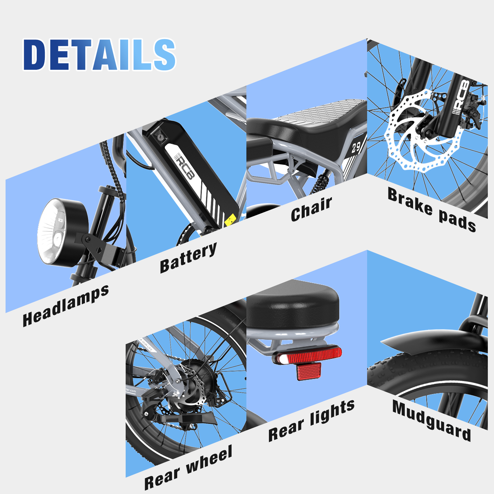 Details van een e-bike. Koplampen, batterij, stoel, remblokken, achterwiel, lichten en spatbord zijn zichtbaar.