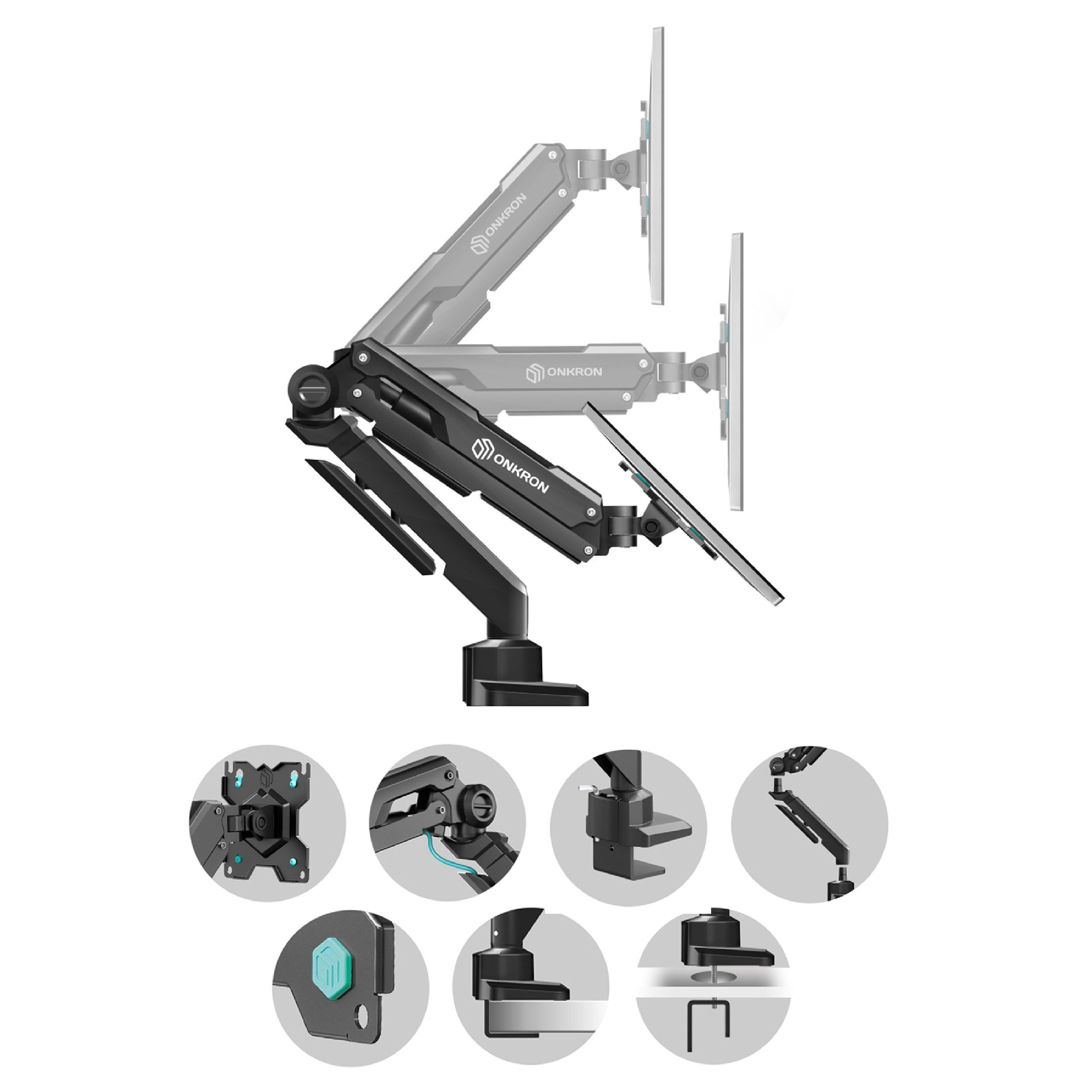 Czarno-szare ramię do monitora z marką ONKRON. Wyświetlanych jest kilka szczegółowych zdjęć części ramienia.