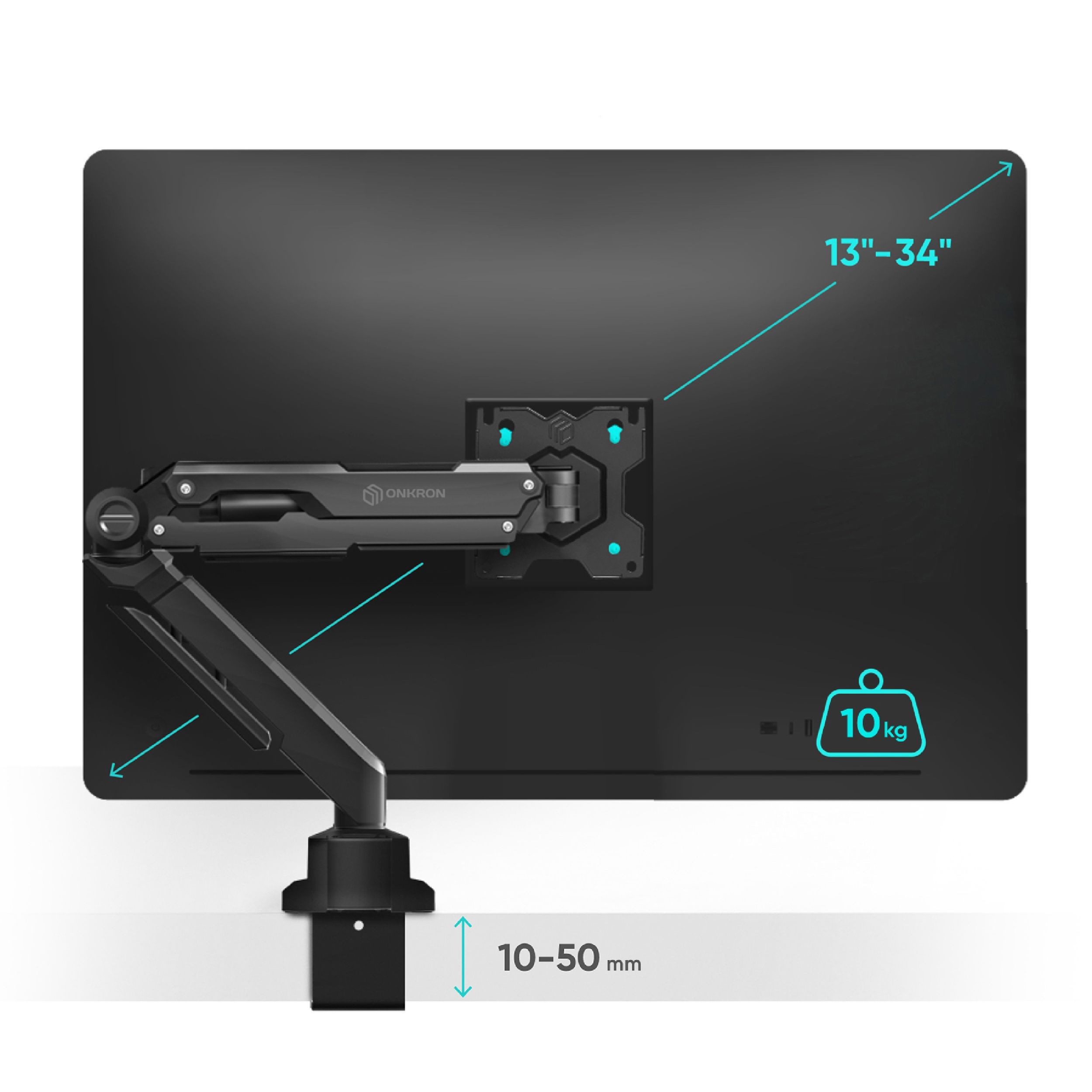 Czarny monitor z uchwytem. Obsługuje ekrany 13"-34" i do 10 kg. Wysokość uchwytu jest regulowana, 10-50 mm.