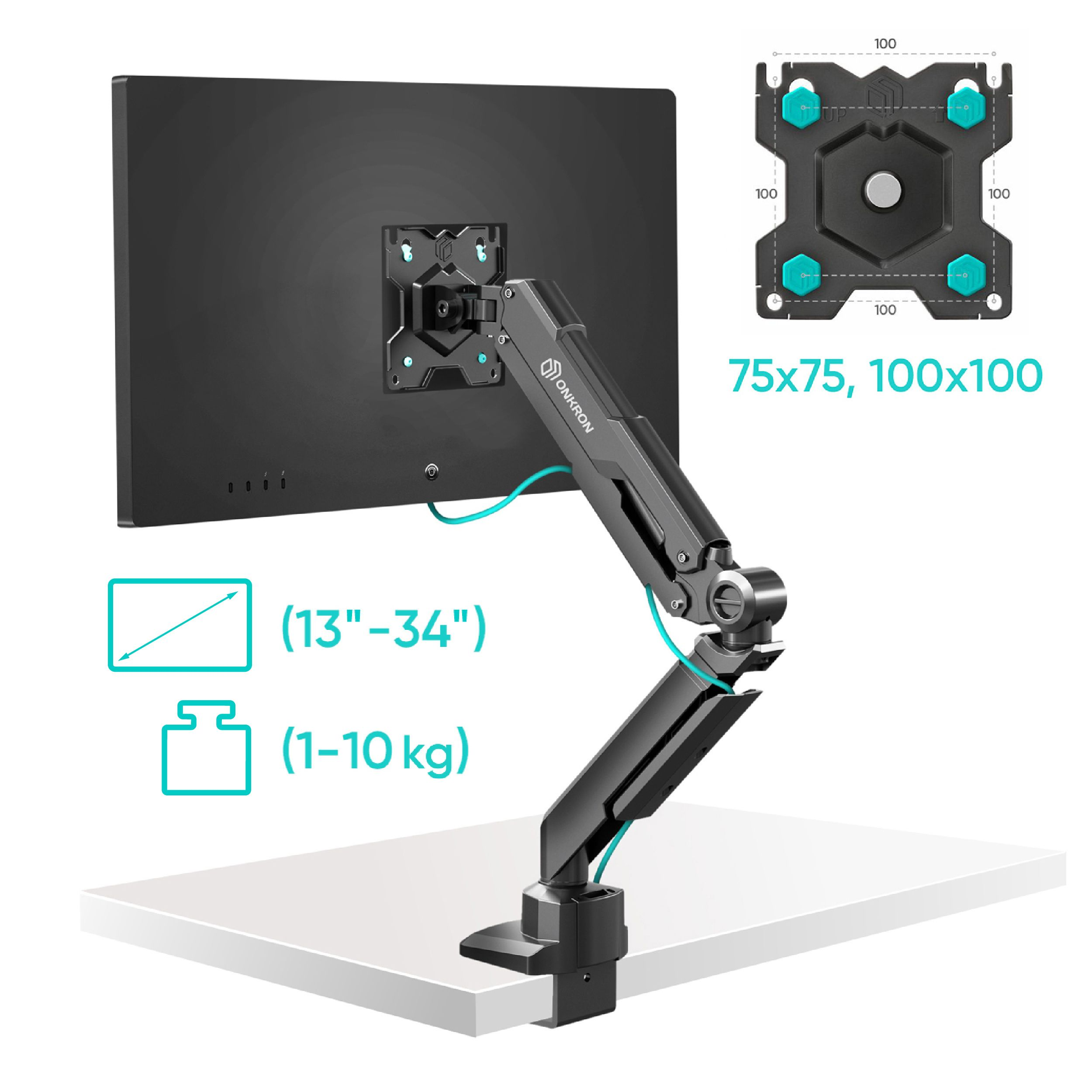 Czarny uchwyt do monitora z ekranem zamontowany na białej powierzchni. Szczegóły obejmują rozmiar i wagę.
