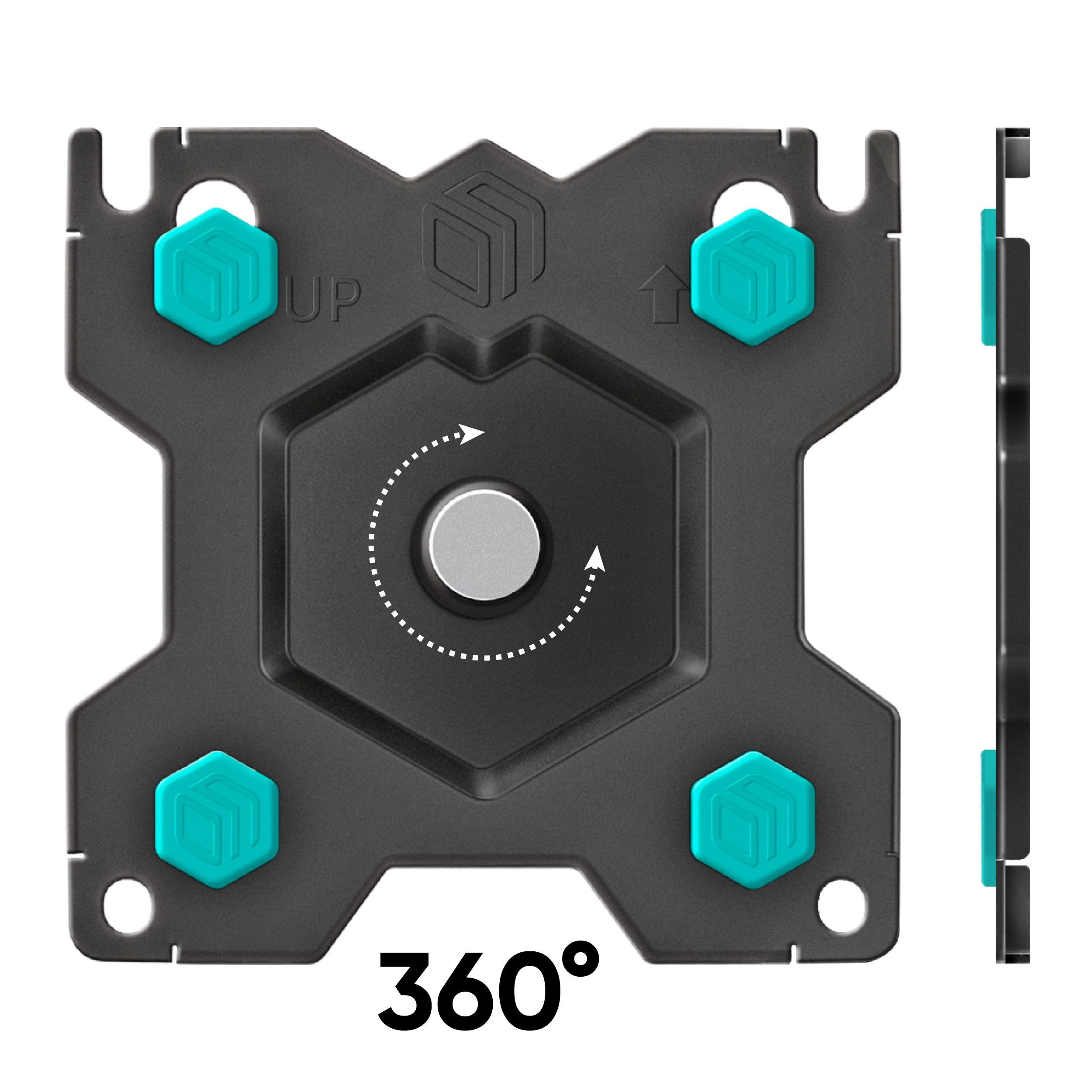 Czarny wspornik montażowy z turkusowymi akcentami i srebrnym środkiem. Na wsporniku napisy 'UP' i '360°'.