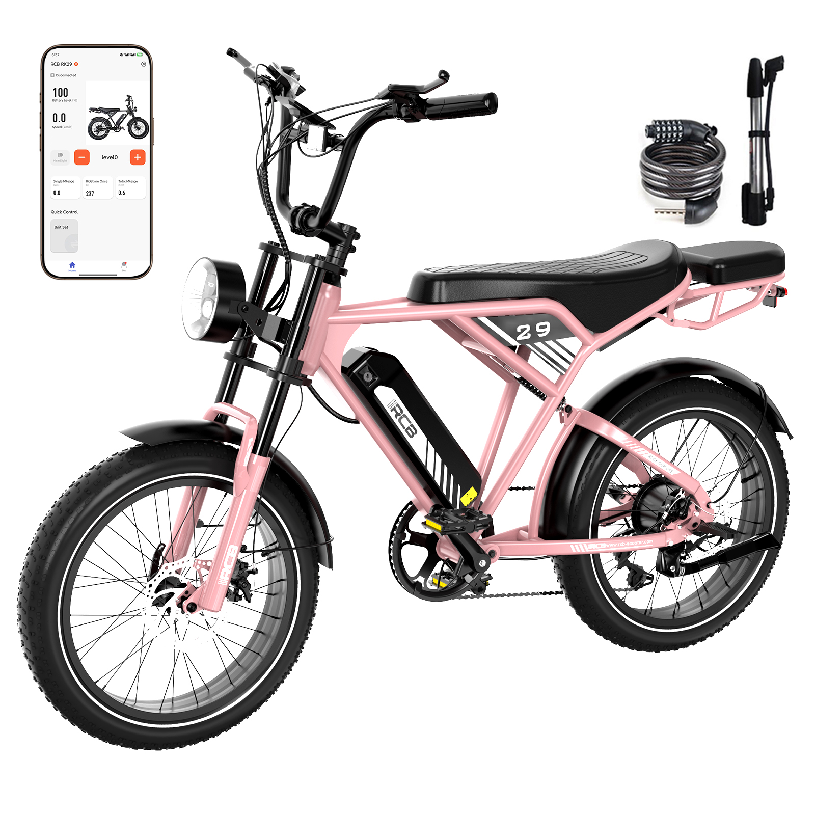 Roze elektrische fiets met zwarte accenten en digitaal display. Inclusief slot, luchtpomp en telefoon met fietsstatistieken.