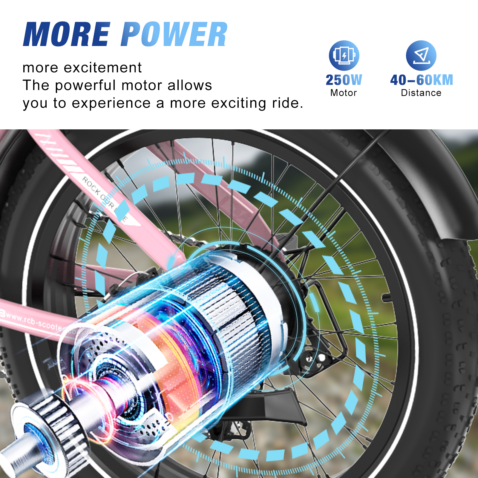 Roze achterwiel van een elektrische fiets met een krachtige motor. Een diagram toont vermogen en bereik. Tekst luidt 'MEER VERMOGEN'.