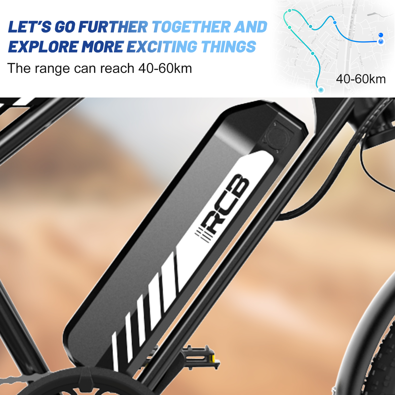 Zwarte e-bike batterij met wit RCB logo. Tekst: Laten we verder gaan. Het bereik kan 40-60 km bereiken. Kaart op de achtergrond.