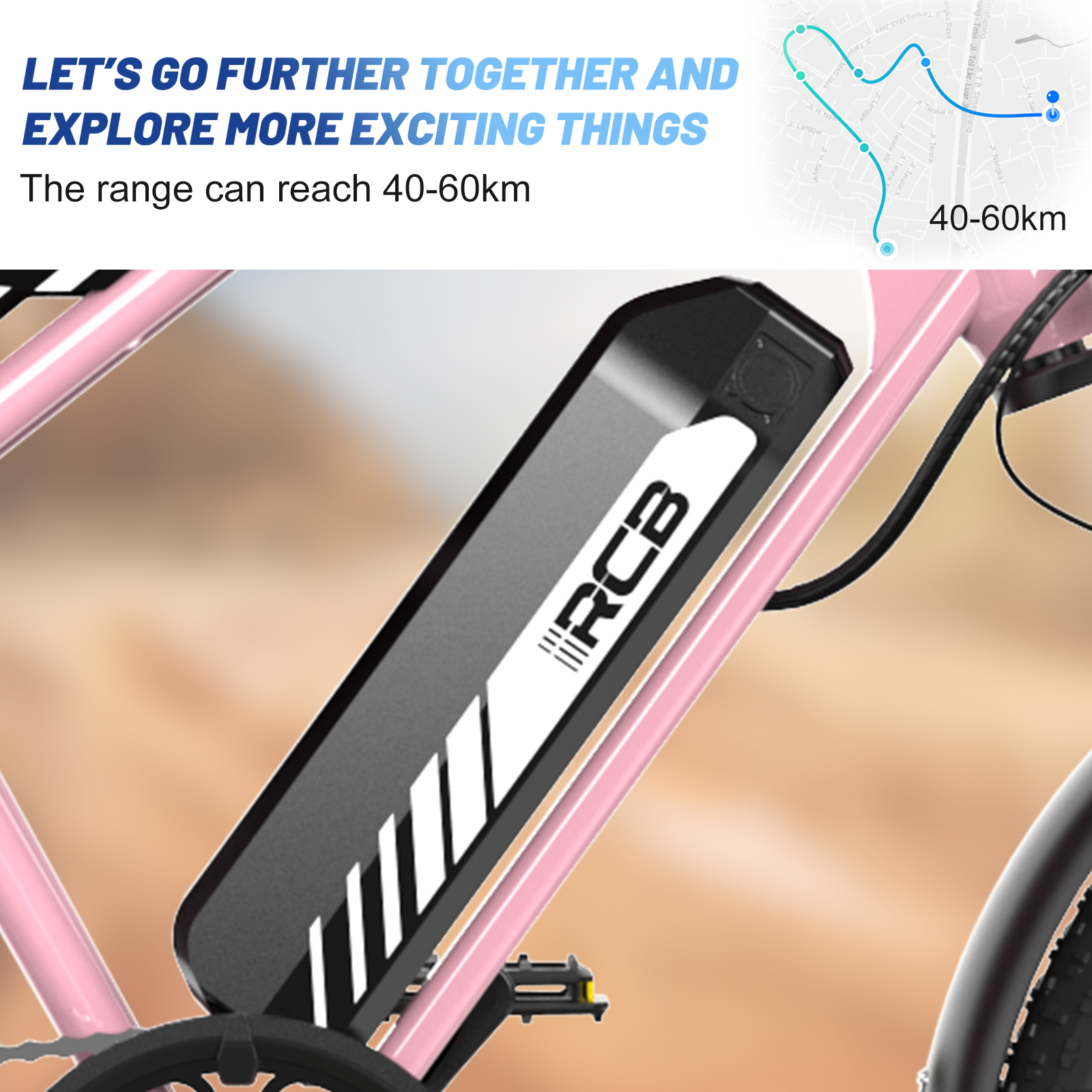 Roze fiets met zwarte accu met label RCB. Tekst: Ontdek spannendere dingen. Bereik 40-60km. Kaart op de achtergrond.