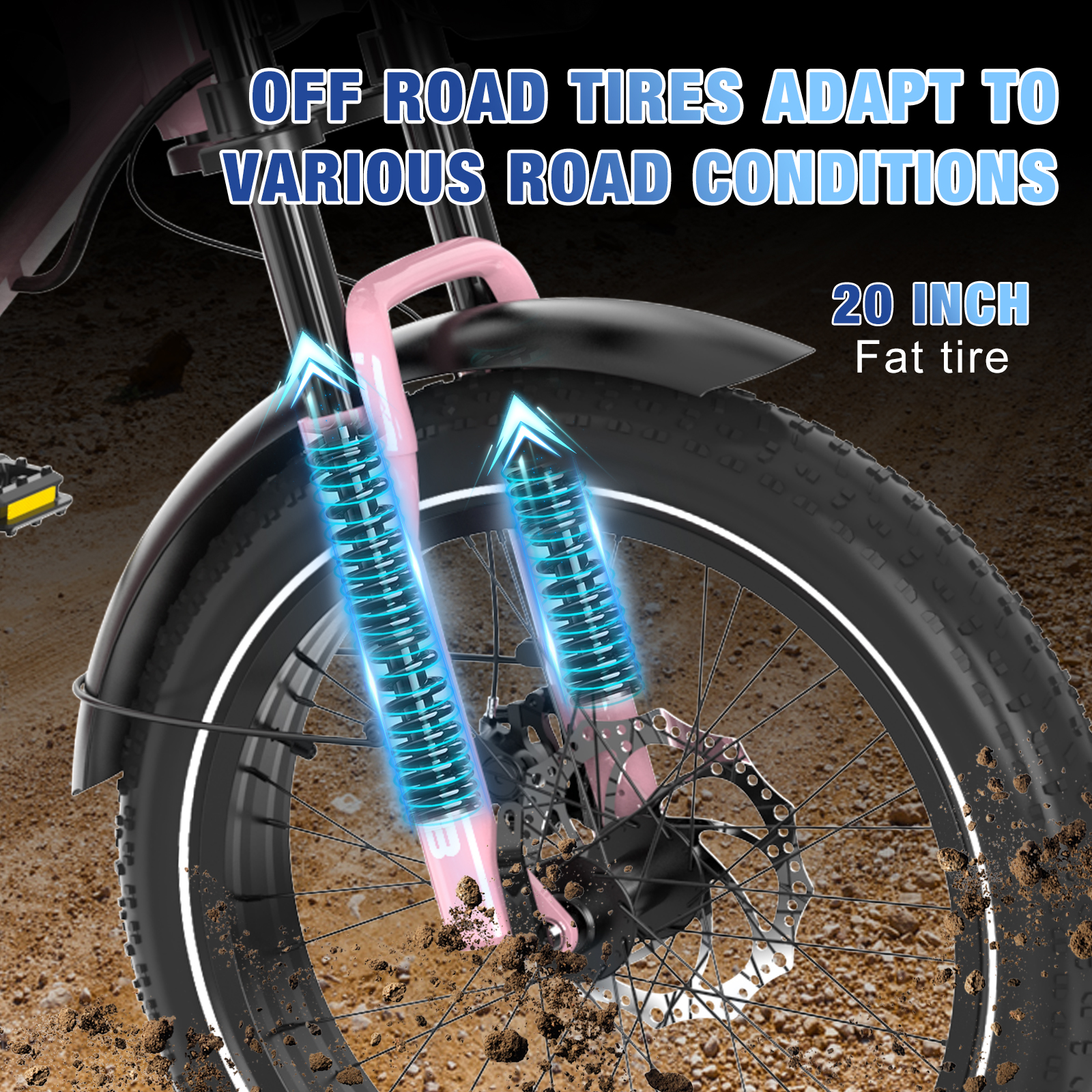 Close-up van een fatbike. Roze vering, zwarte band en tekst: Off-road banden passen zich aan diverse wegomstandigheden aan.