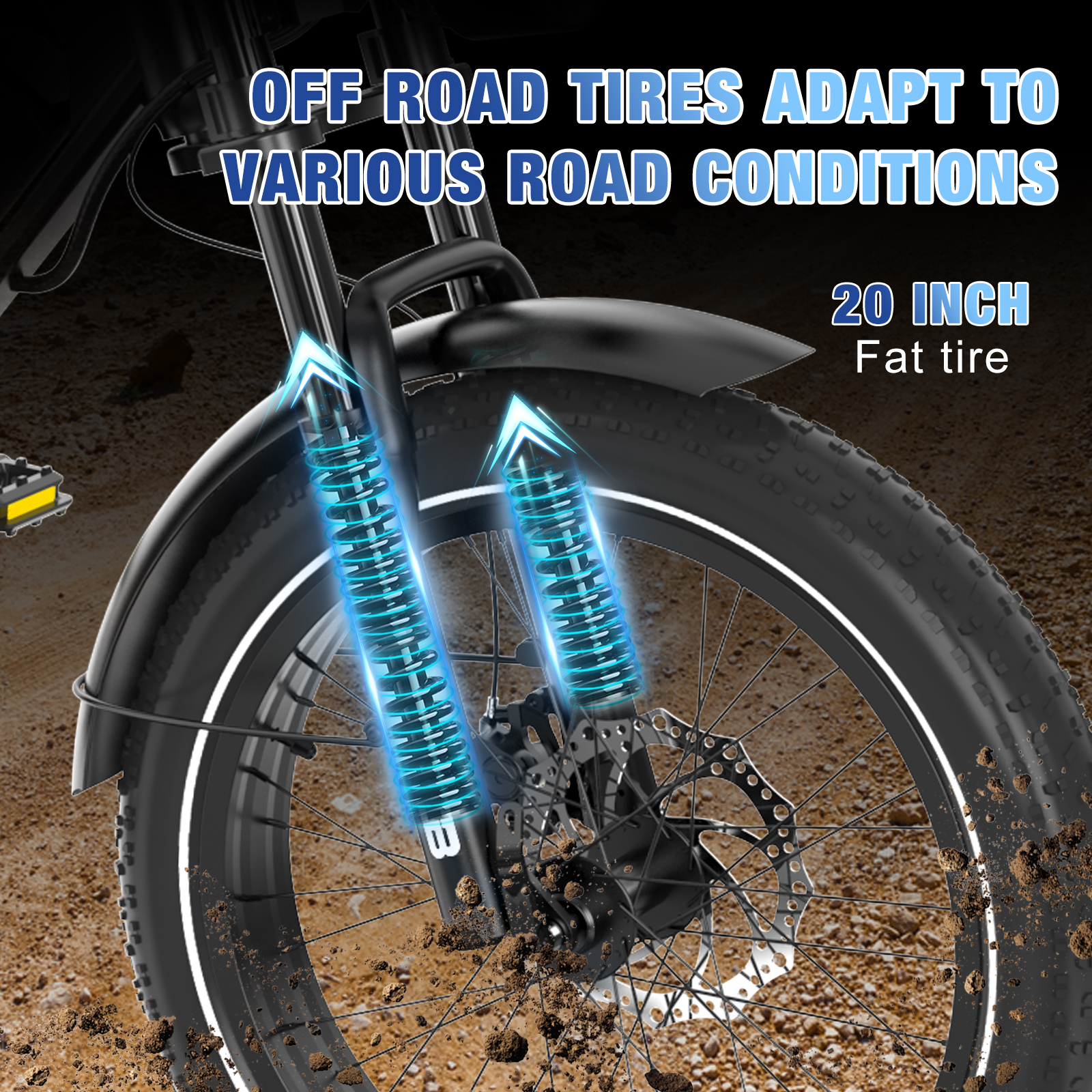 Close-up van een fatbike-band met vering. De tekst luidt 'Off Road Tires Adapt'. Bruin vuil is zichtbaar.