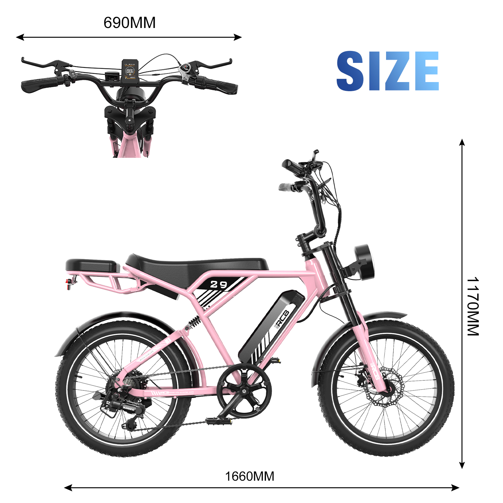 Roze elektrische fiets met zwarte banden, stuur en zadel. Inclusief lengte- en hoogtematen.