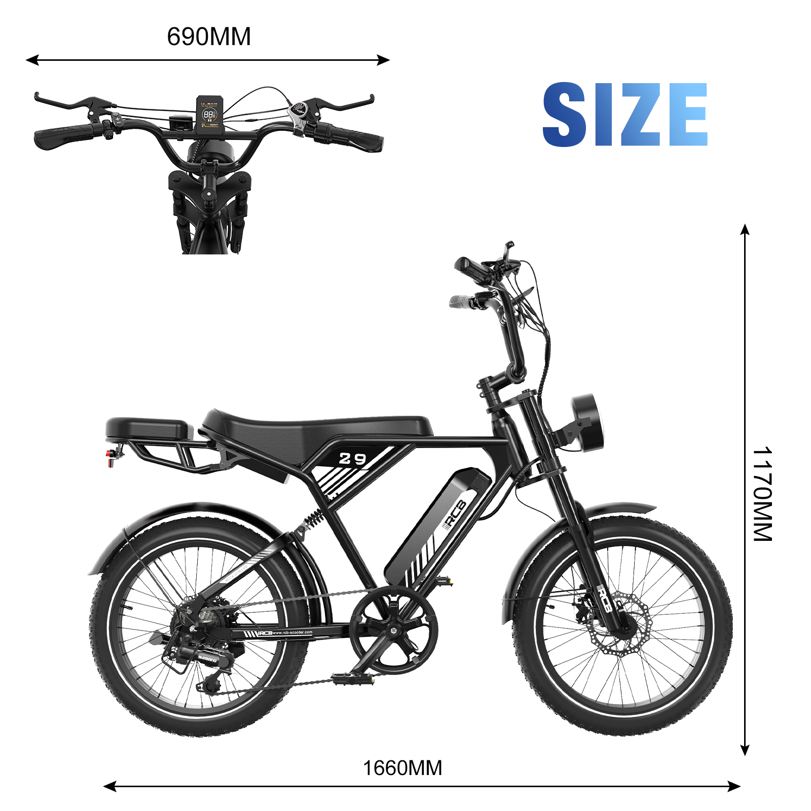Een zwarte elektrische fiets wordt getoond, met zijn afmetingen. Afmetingen zijn 690 mm breed, 1170 mm hoog en 1660 mm lang.