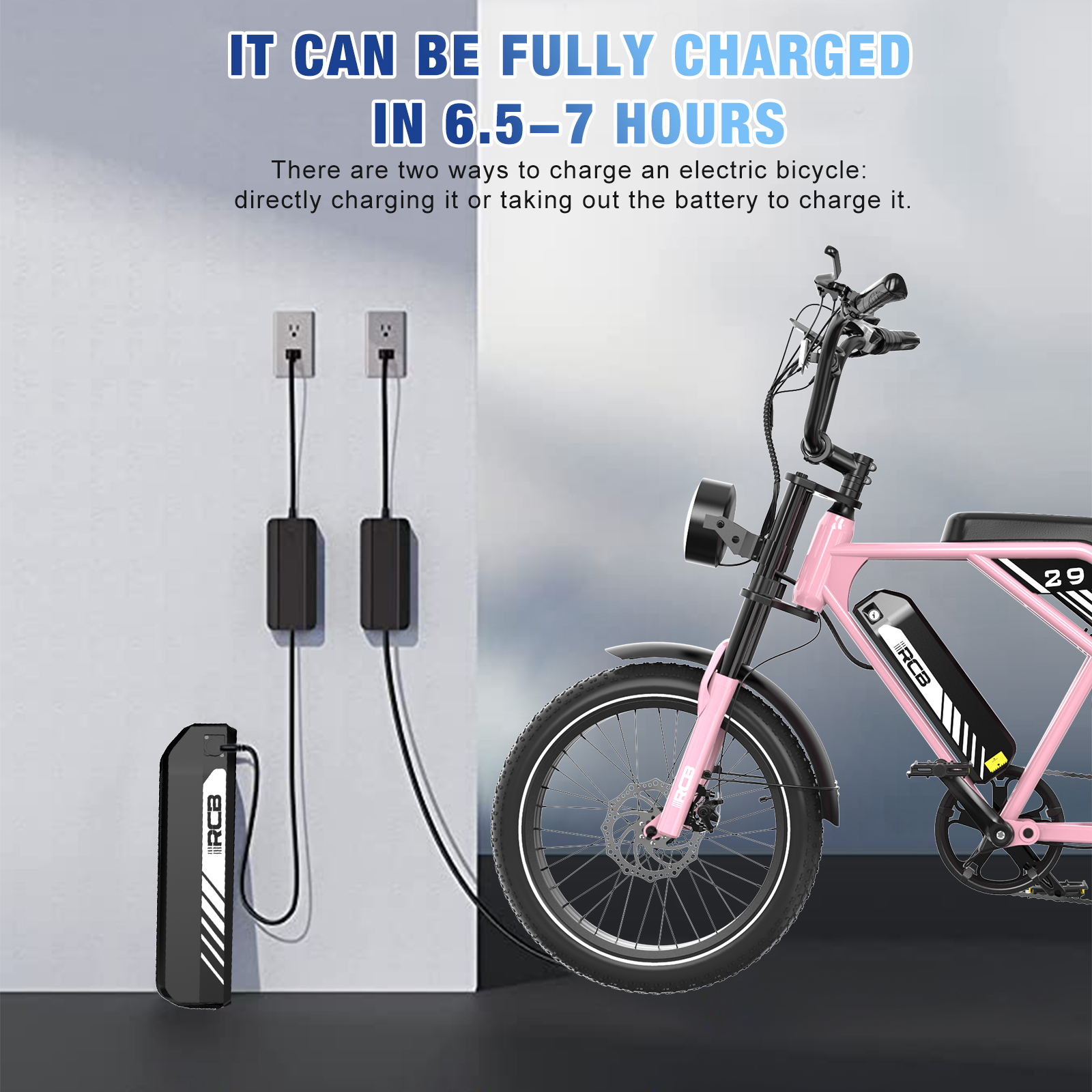 Een roze elektrische fiets wordt getoond. Hij kan in 6,5-7 uur volledig worden opgeladen. Er is een batterij en twee opladers.