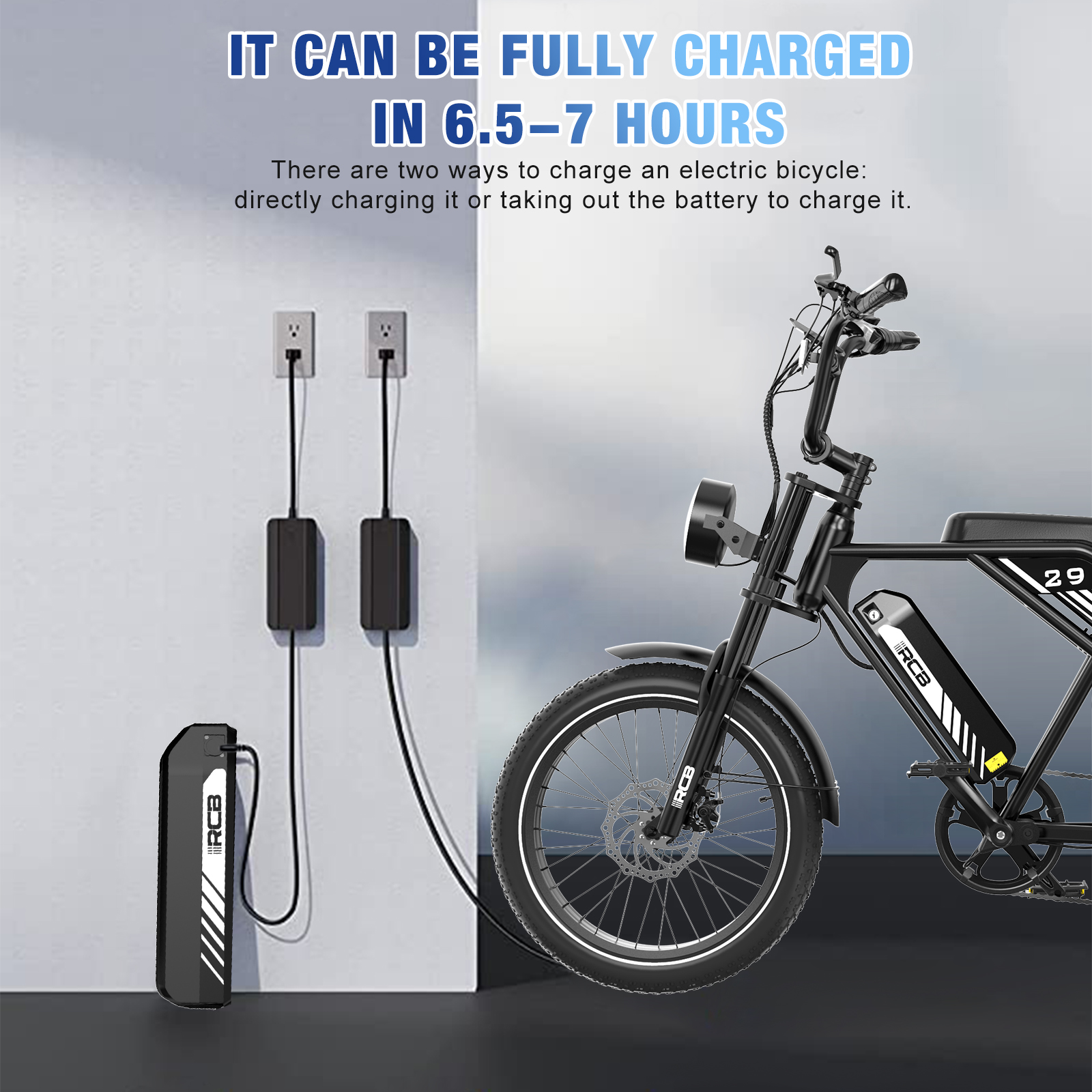 Zwarte elektrische fiets met tekst over oplaadtijd en oplaadopties. Accu opladen in de buurt van stopcontacten.