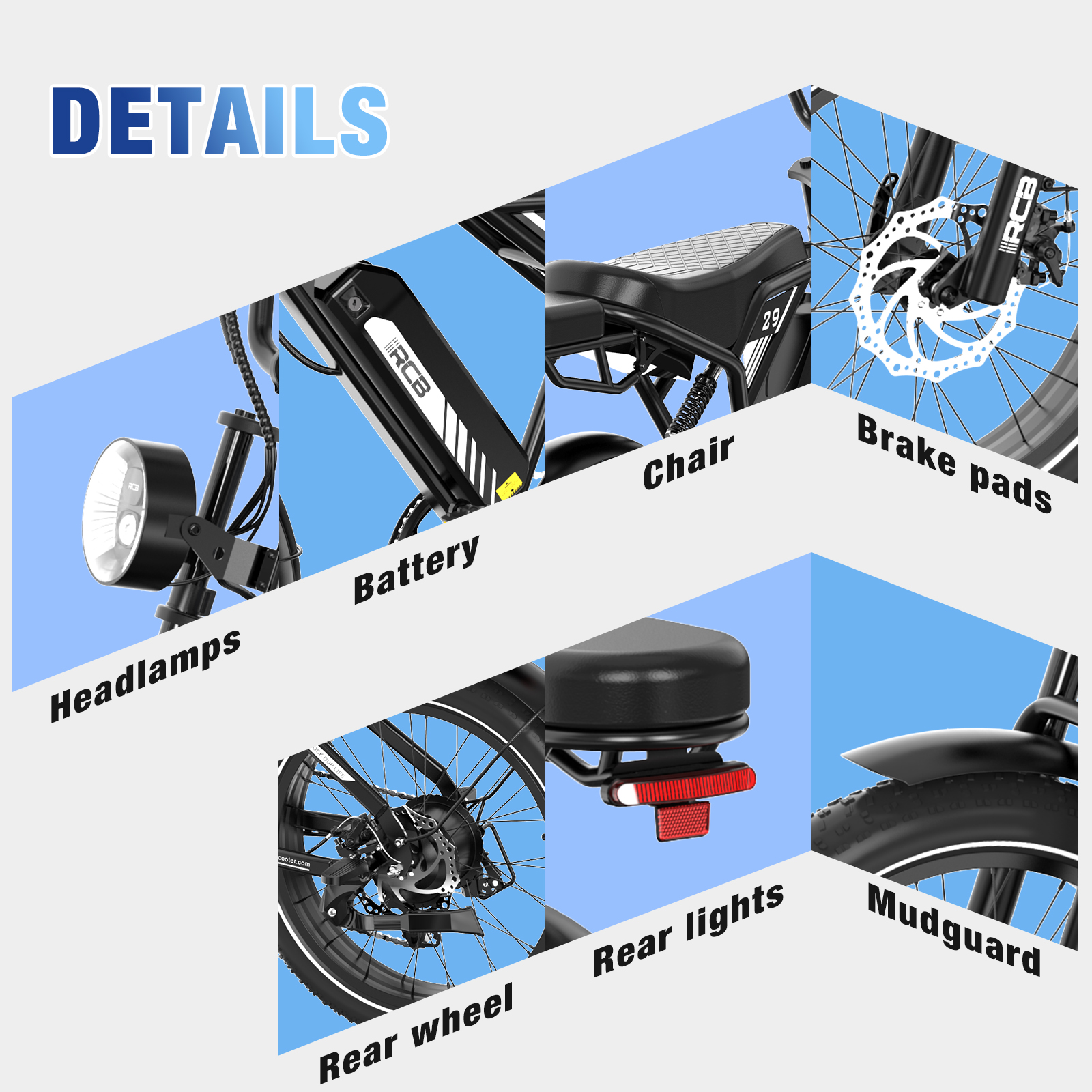 Een elektrische fiets met details: koplampen, accu, stoel, remblokken, achterwiel, achterlichten en spatbord.