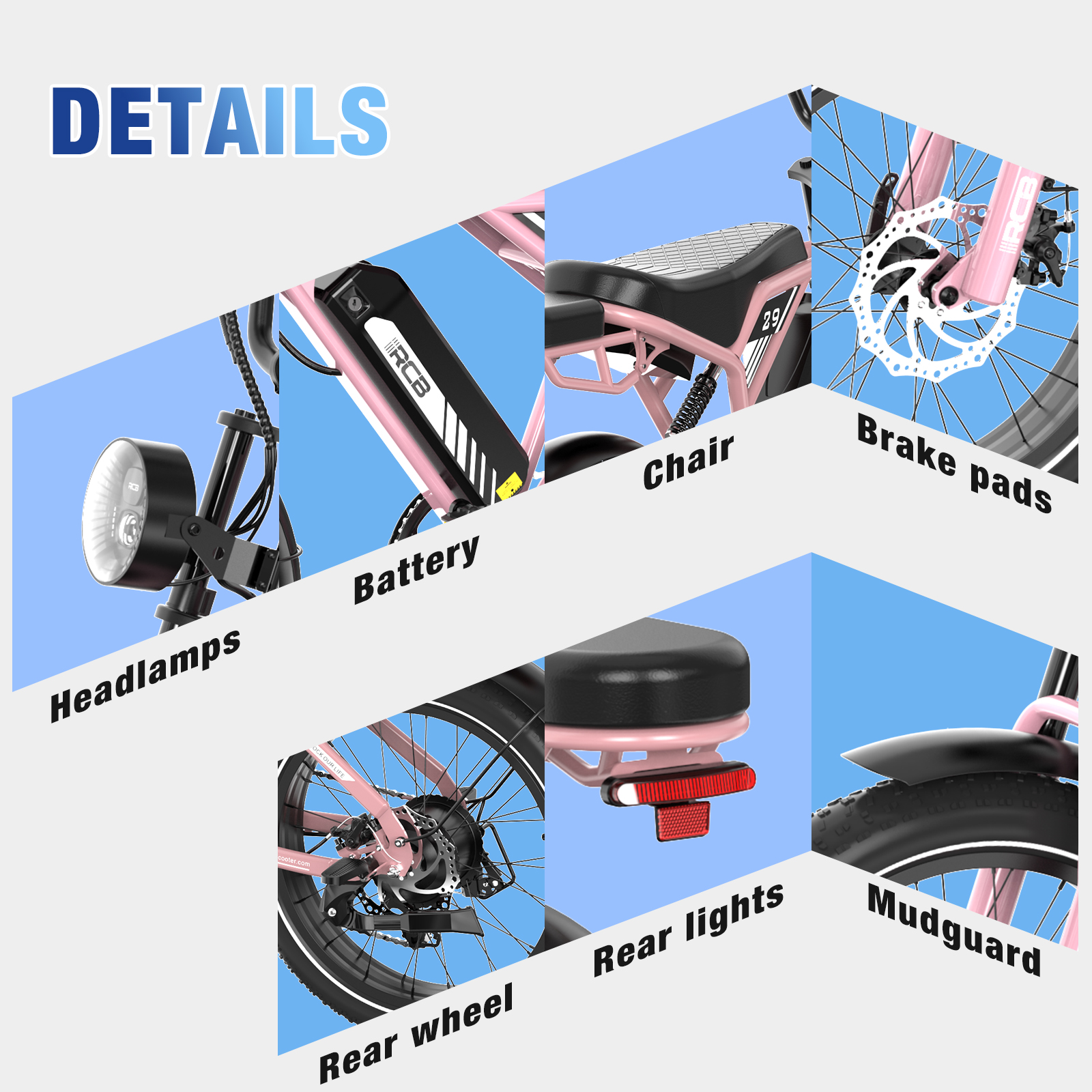 Details van een roze e-bike worden getoond. Koplampen, batterij, stoel, remblokken, achterwiel, achterlichten en spatbord zijn gelabeld.