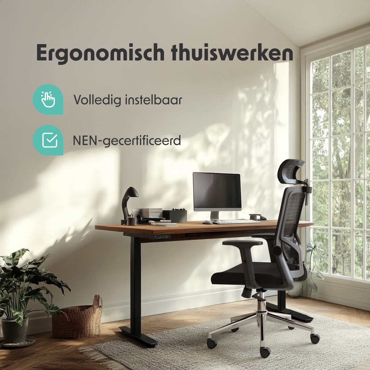 A modern home office setup with an adjustable desk, ergonomic chair, and computer near a window. A plant and text are visible.