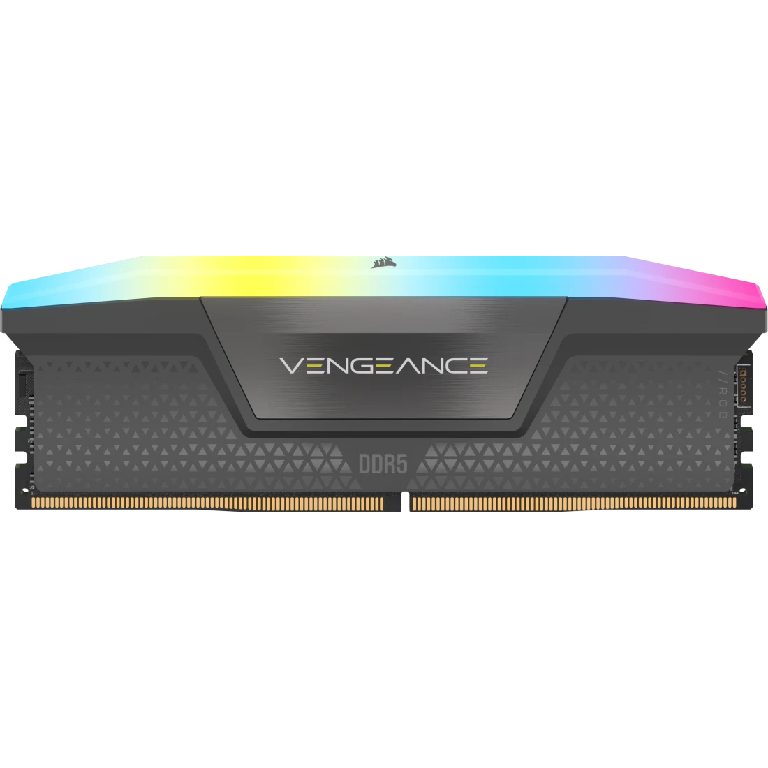 Un módulo de memoria RAM para computadora con iluminación LED colorida. El módulo es negro y gris, con 'VENGEANCE'.