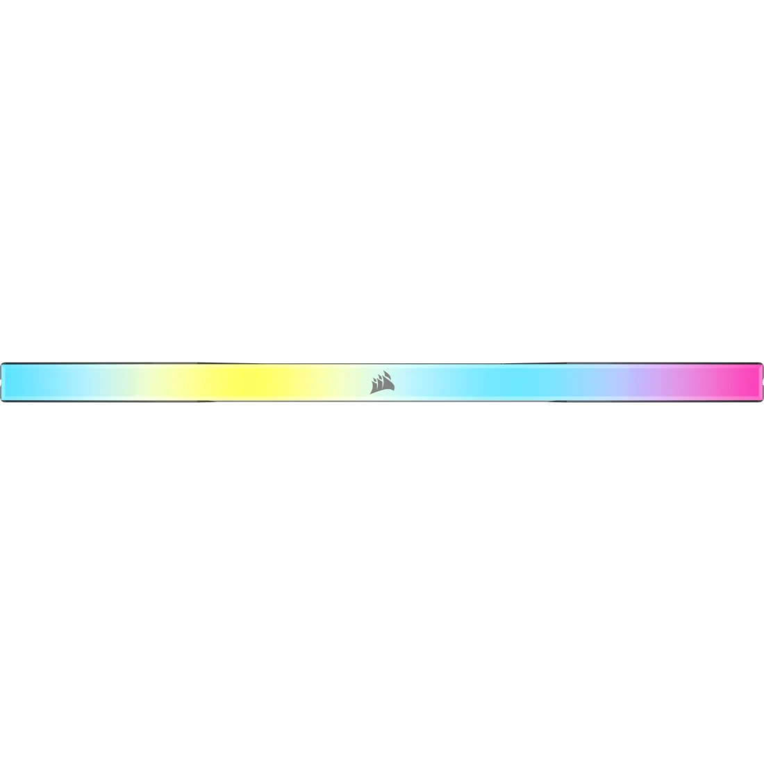 Una memoria RAM Corsair RGB con efecto degradado. Transiciona de amarillo a azul y rosa. El logotipo de Corsair es visible.