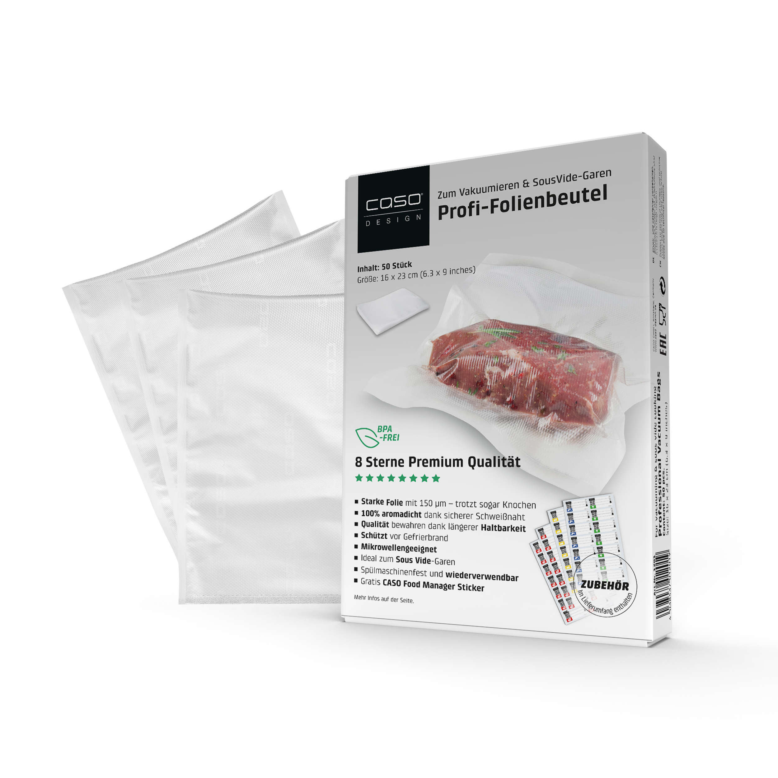Una scatola di sacchetti sottovuoto con testo e un sacchetto di cibo all'interno. Diversi sacchetti sottovuoto bianchi sullo sfondo.