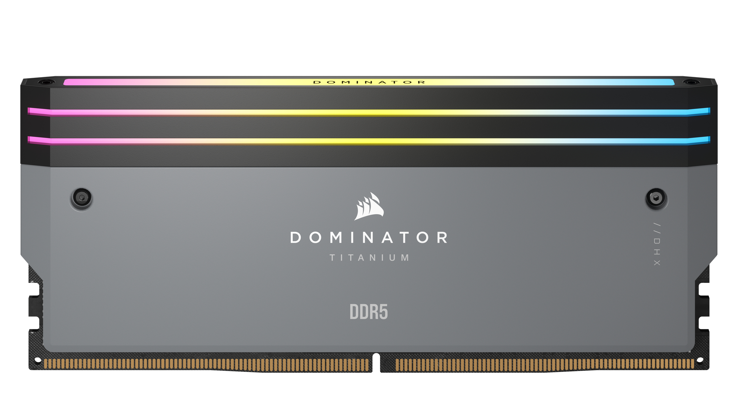 Moduł RAM Corsair Dominator Titanium DDR5. Ma szarą obudowę, światła RGB i logo Corsair.