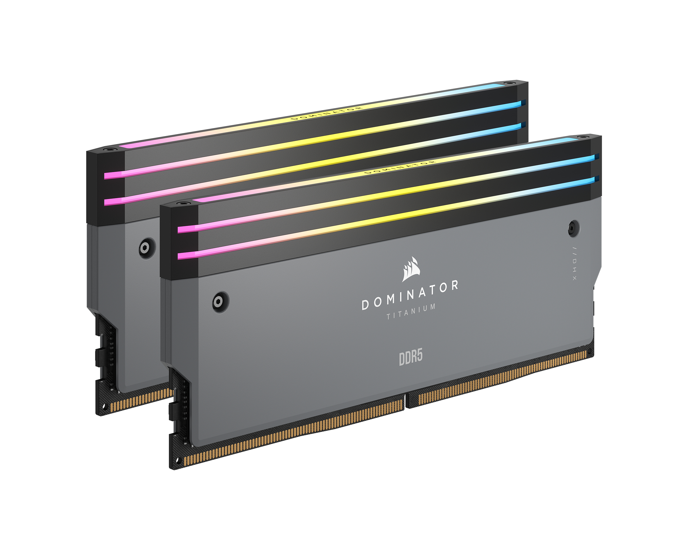 Dwa szare moduły RAM DDR5 z oświetleniem RGB. Każdy ma napis "DOMINATOR" i "DDR5". Tło jest białe.