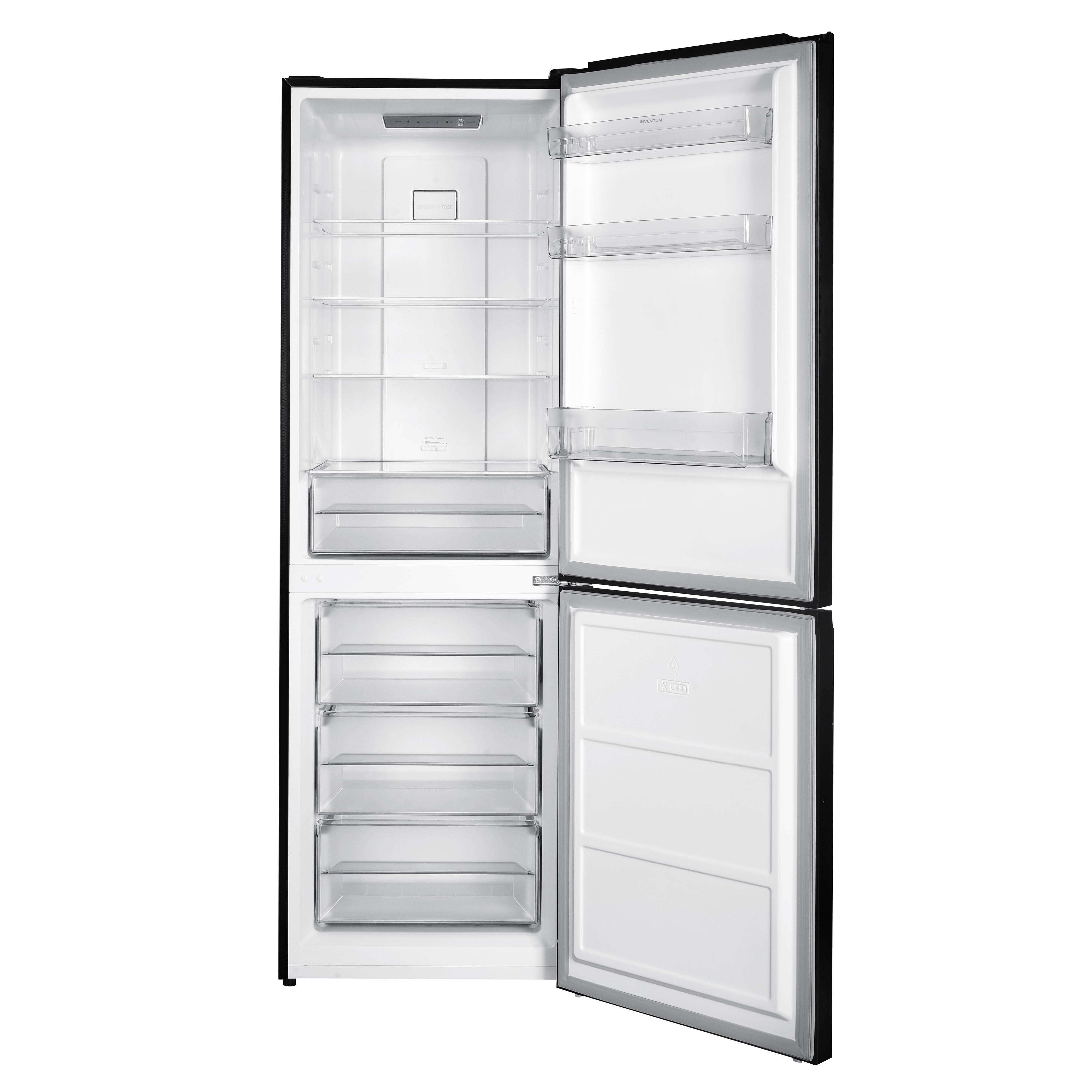 Open koelkast met beide deuren open, met planken, laden en interieur. Zwart frame, wit interieur, transparante planken.