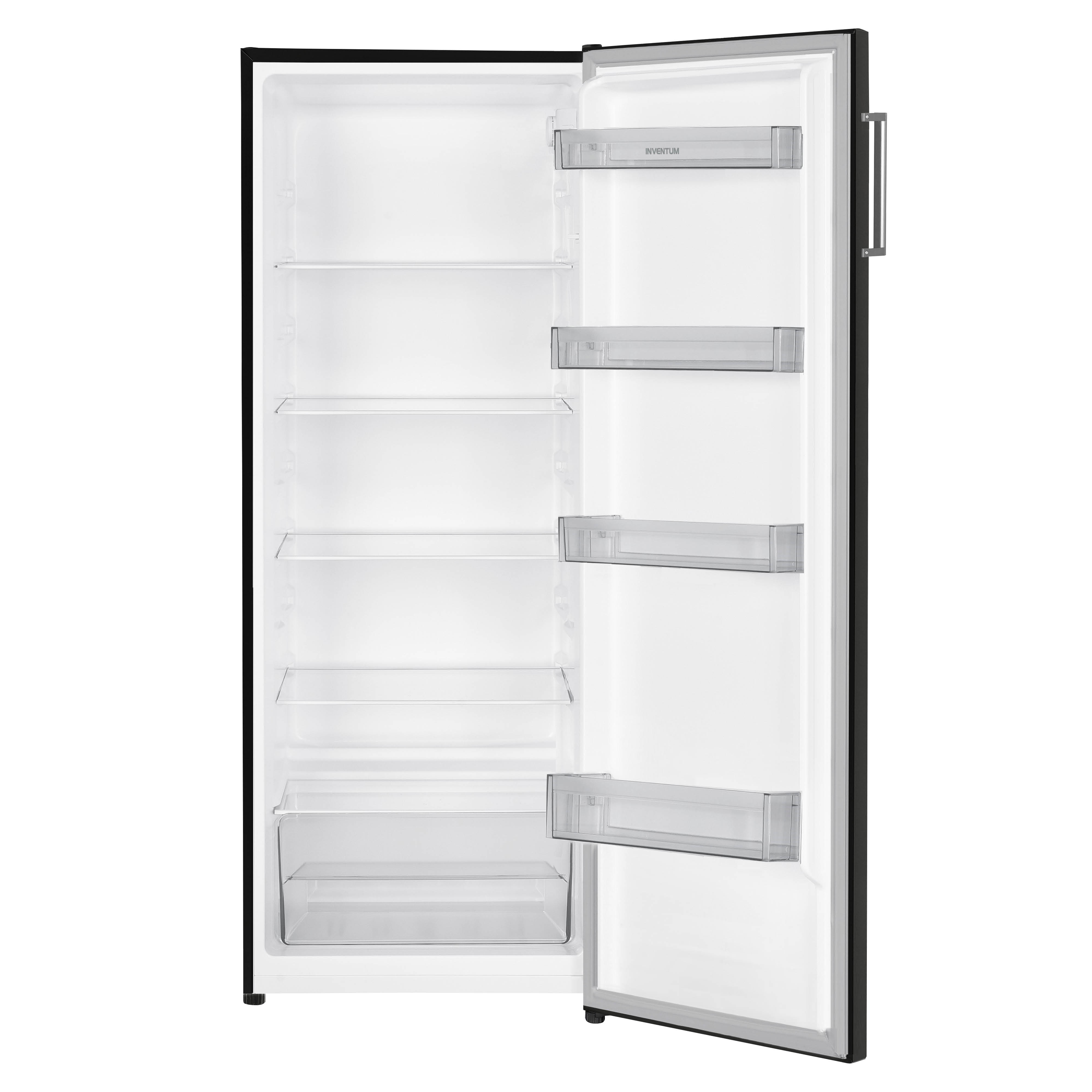 An open black refrigerator with an empty interior. It has shelves, and door storage. The brand name is Inventum.