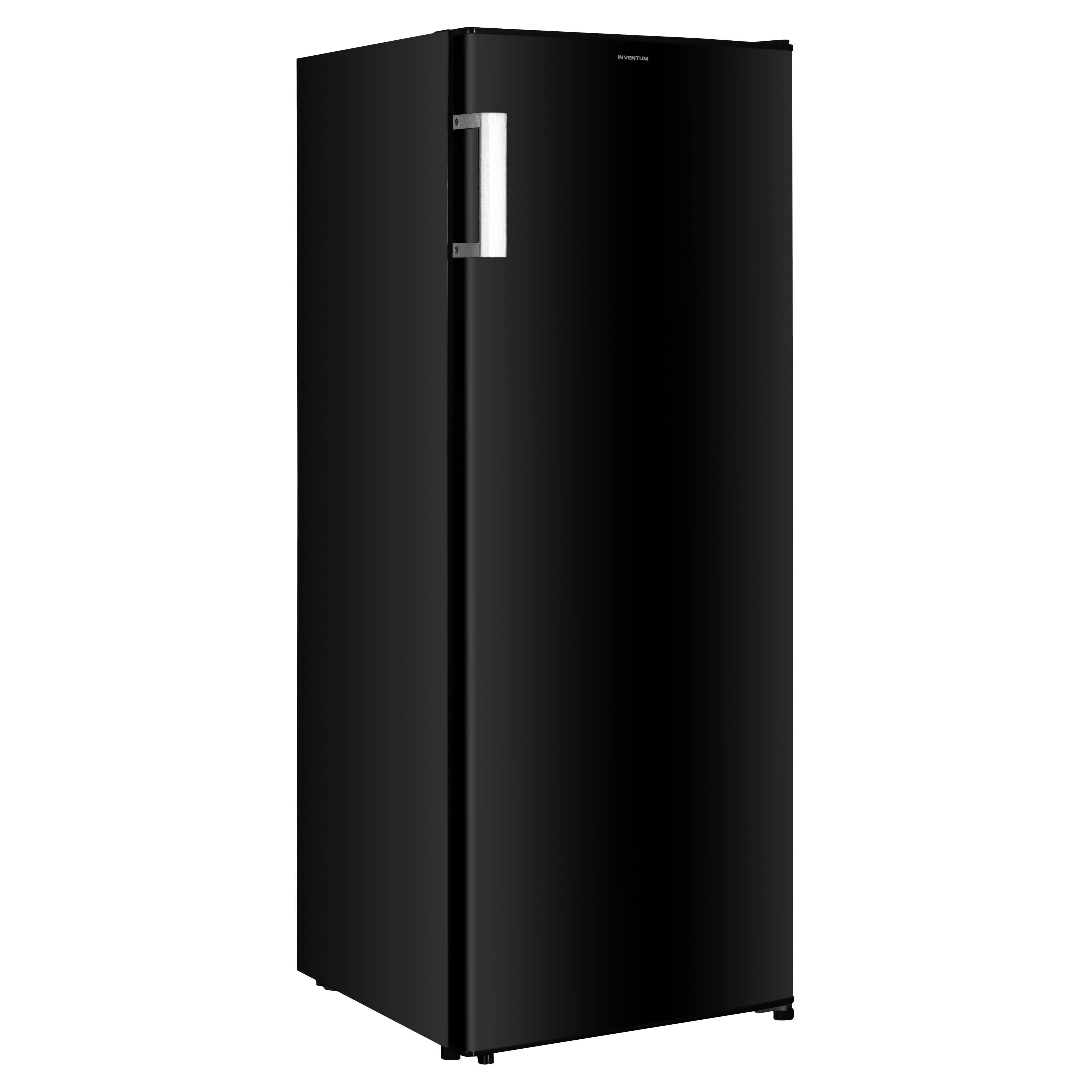 A black refrigerator stands on a white surface. It has a silver handle and the brand name 'Inventum' on top.