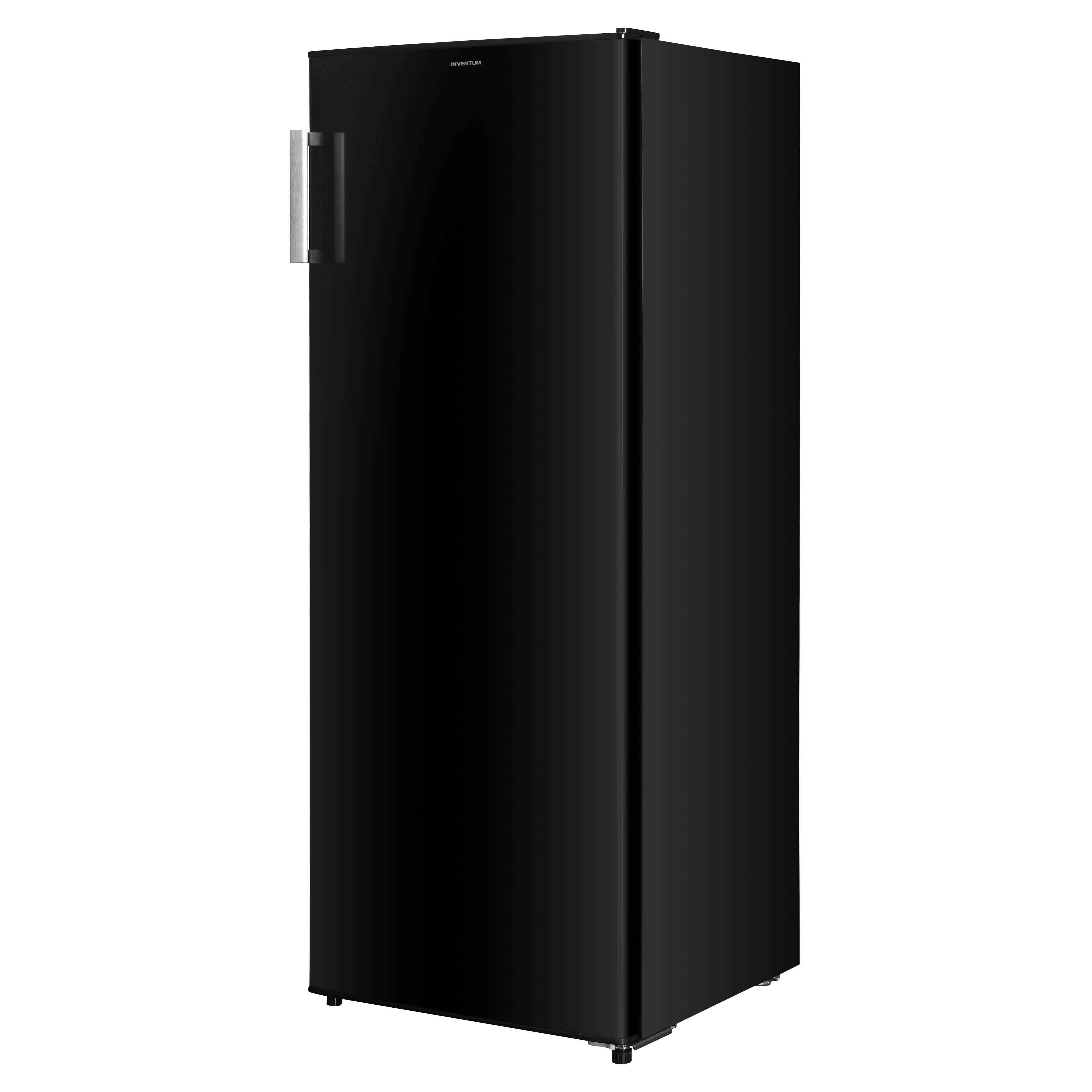 A black refrigerator with a silver handle. The brand 'INVENTUM' is visible on top. It stands on a white background.