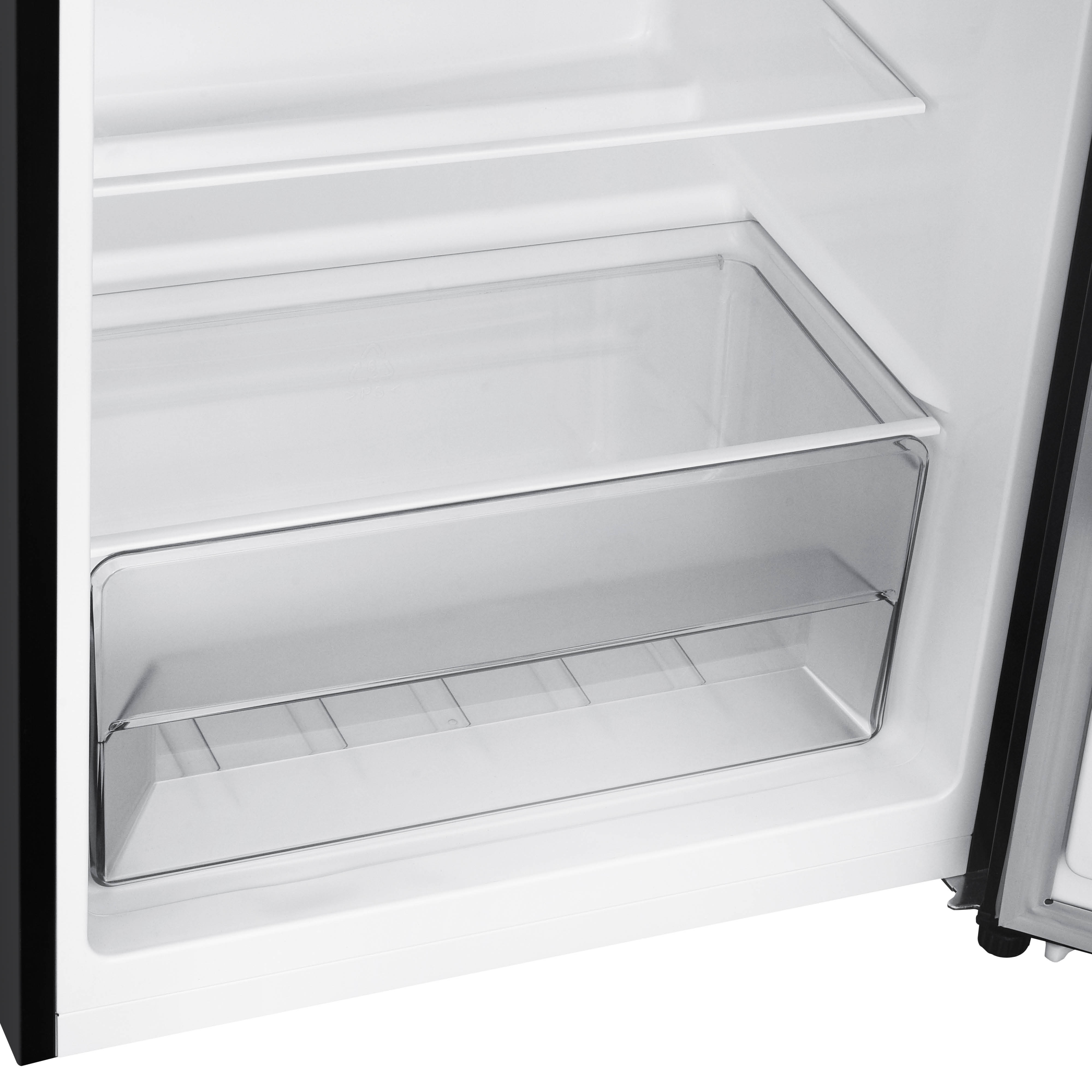 Inside view of a refrigerator. It has white interiors, shelves, and a clear plastic drawer. The door is black.