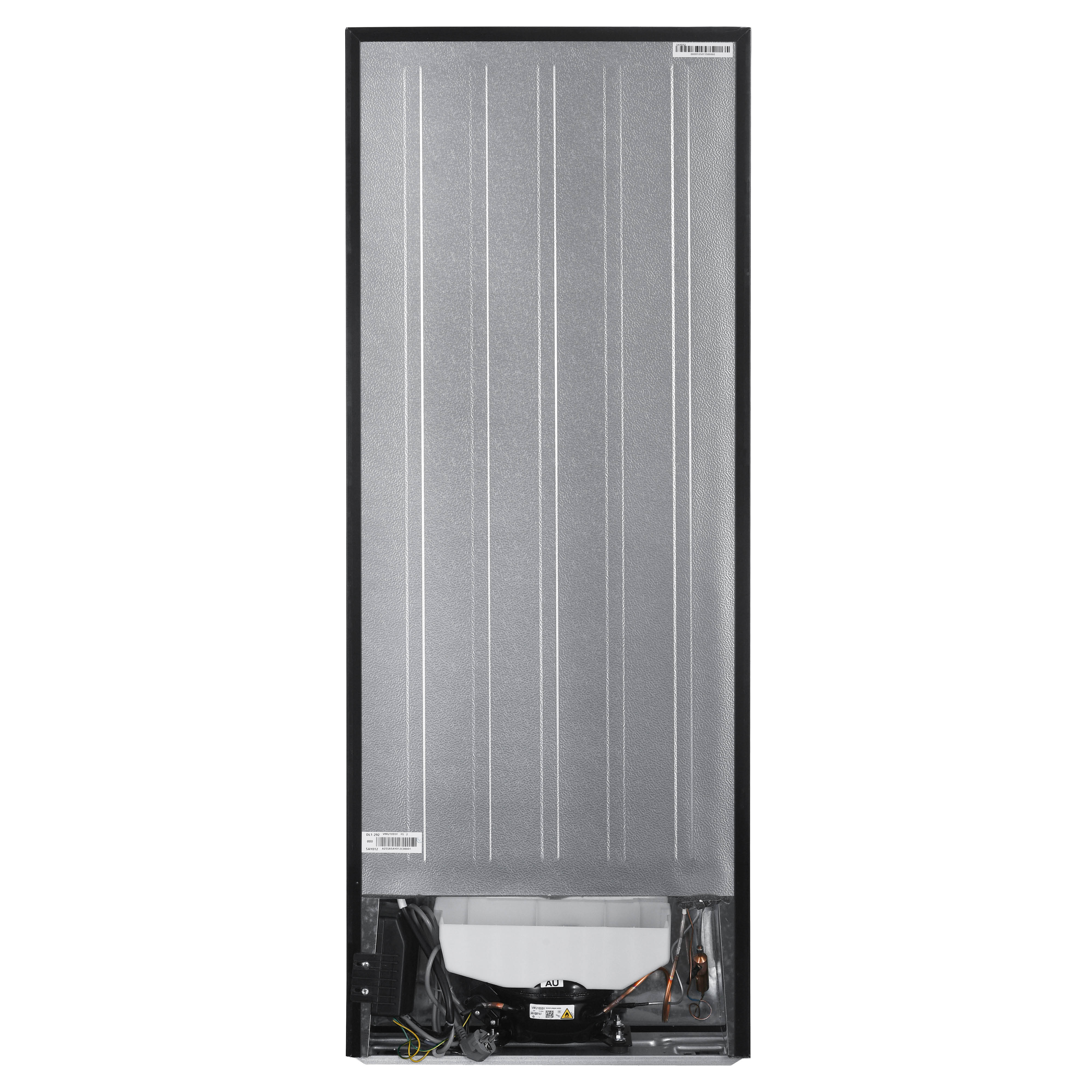 Back of a refrigerator. It has a textured silver metal panel with vertical lines and a black border.