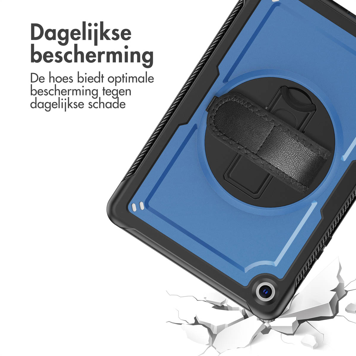 A blue and black tablet case, with a hand strap, is shown at an angle, appearing to break through a white surface.