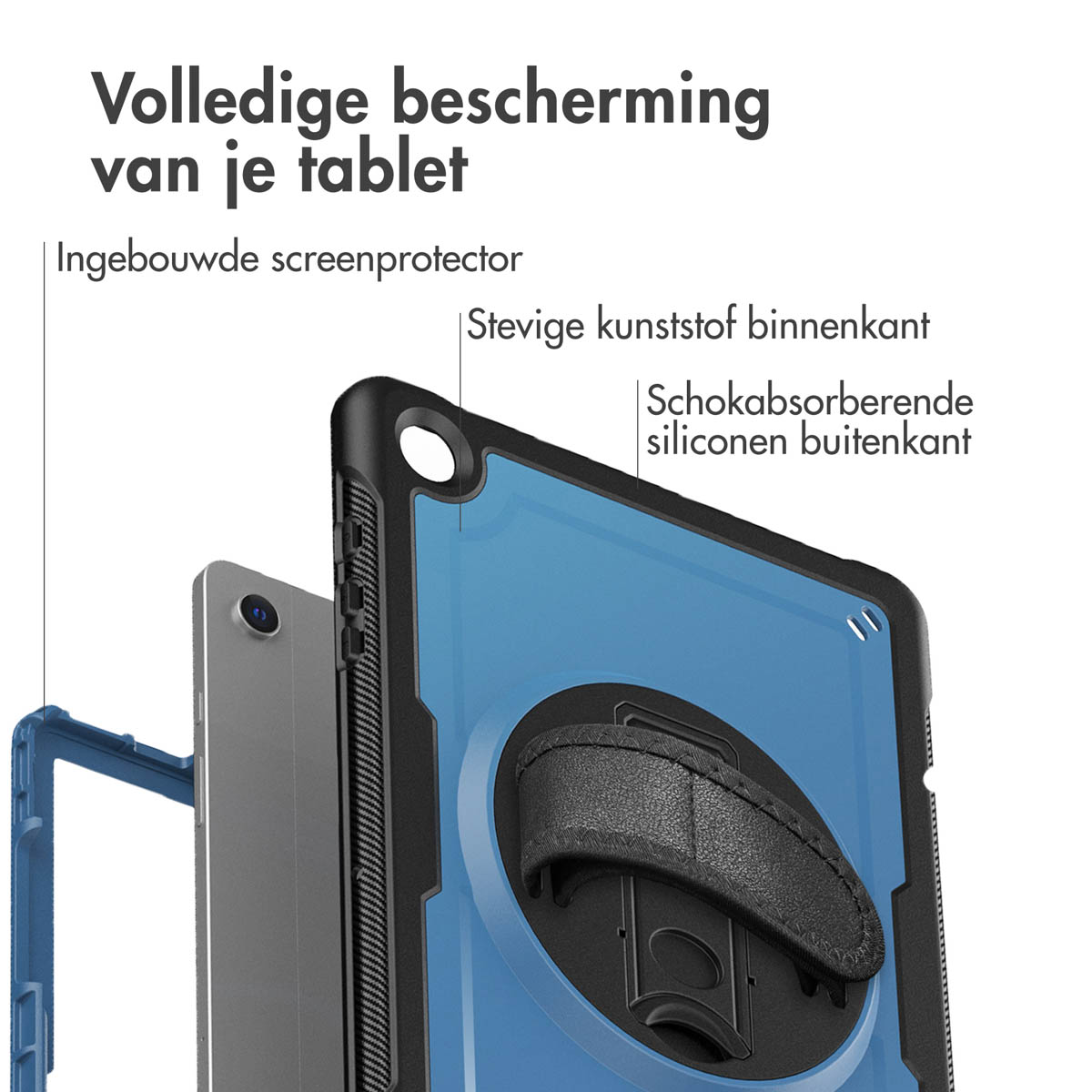 A tablet case with a black frame and blue interior. Text describes features, including a screen protector and shock-absorbing silicone.