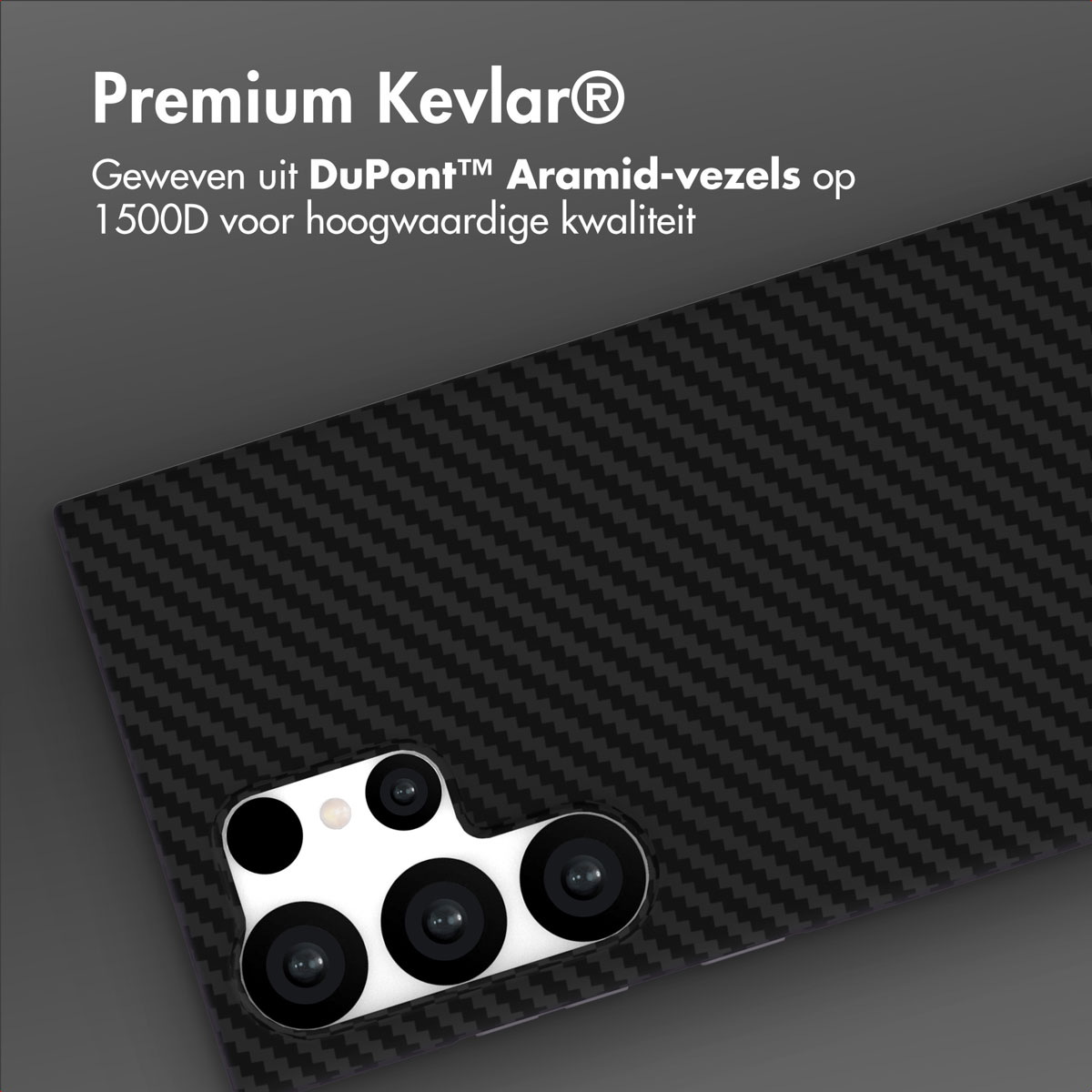 Coque de téléphone en fibre de carbone noire avec objectifs. Texte : Kevlar Premium, tissé avec des fibres d'aramide DuPont.